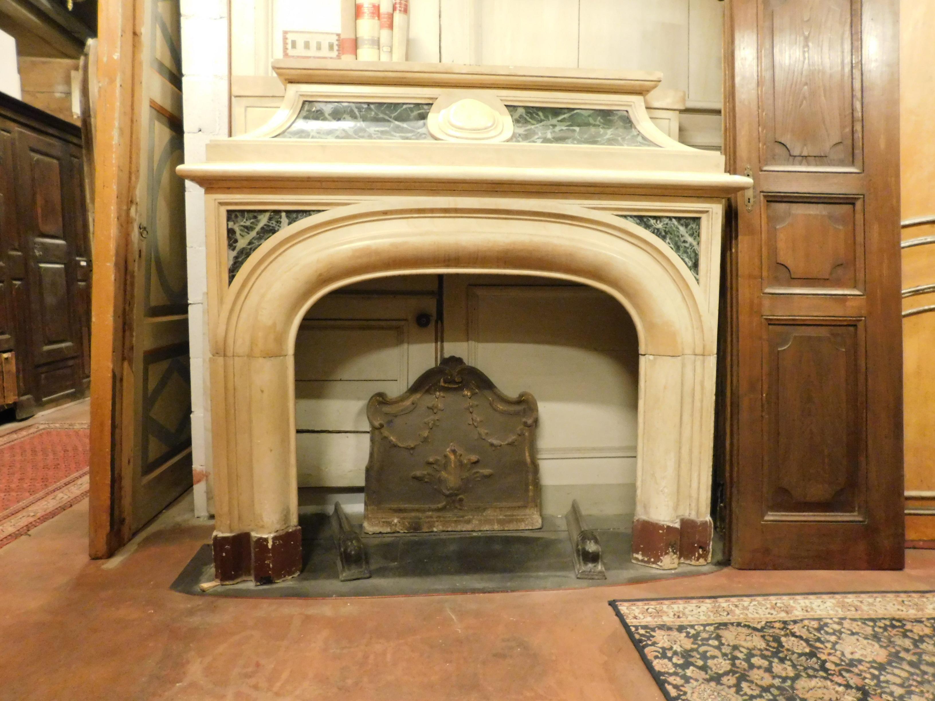  19th century Antique fireplace in yellow marble, green lacquered, Italy For Sale 2