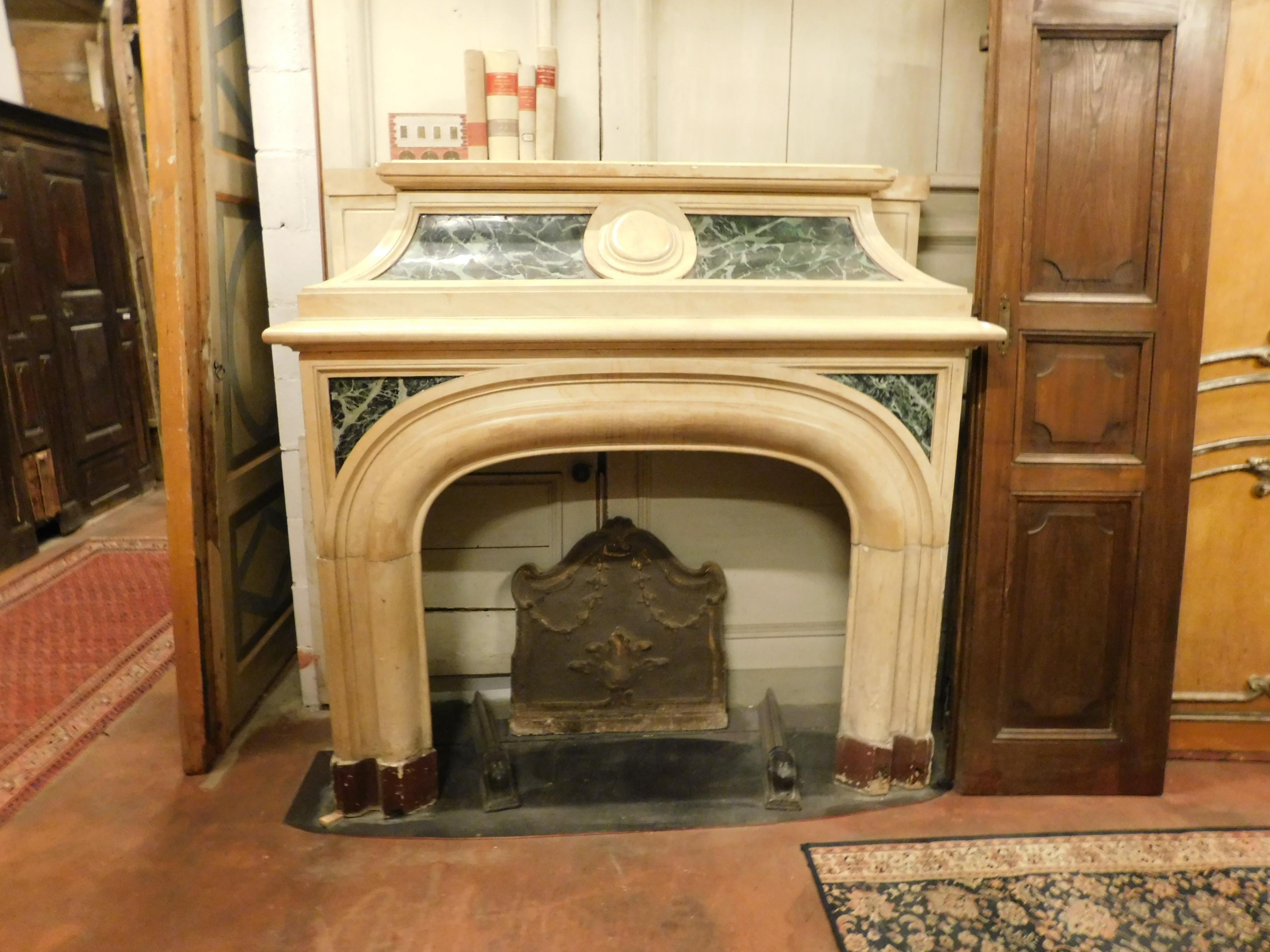 19th century Antique fireplace in yellow marble, green lacquered, Italy For Sale 3