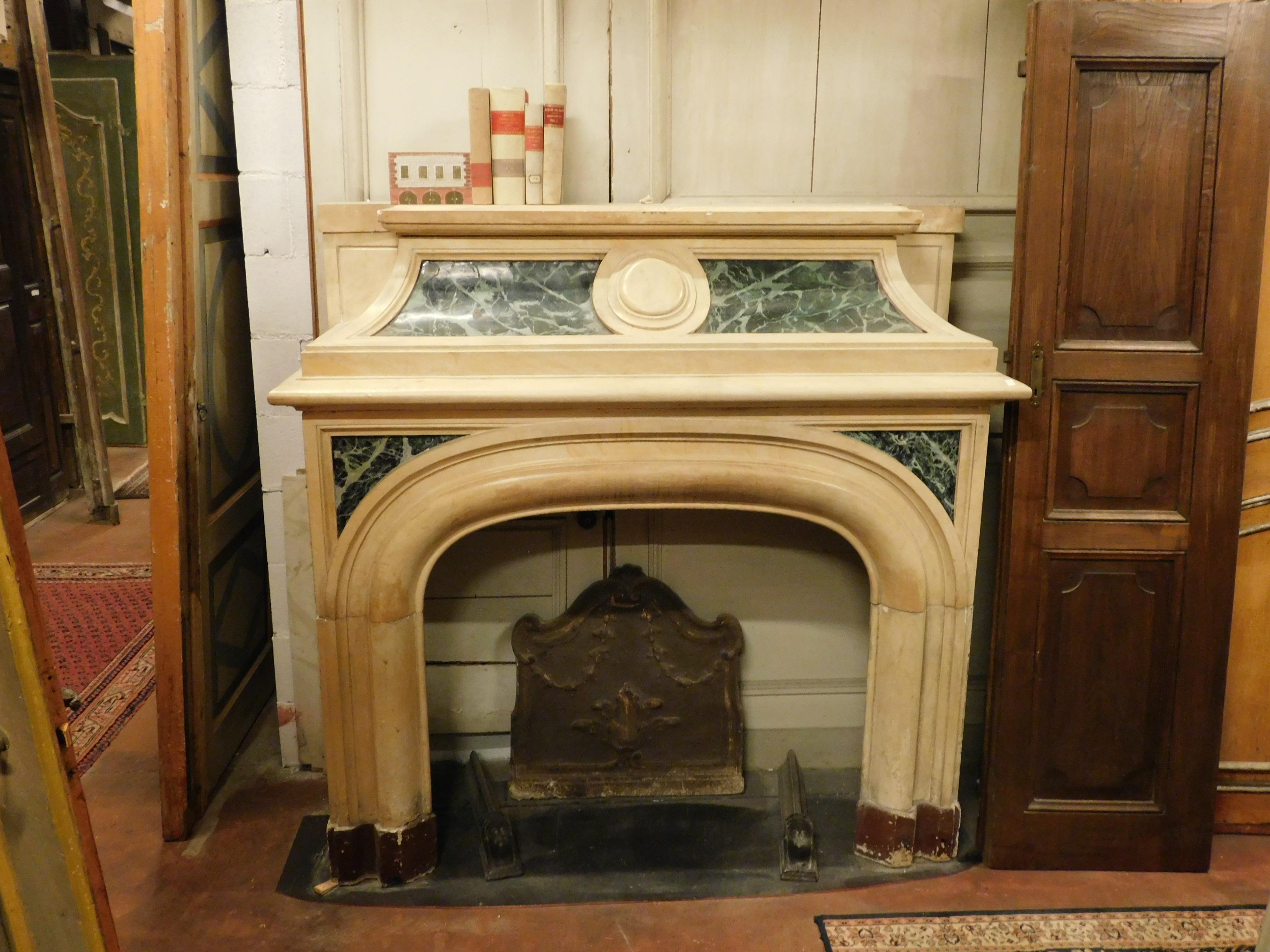 Italian  19th century Antique fireplace in yellow marble, green lacquered, Italy For Sale