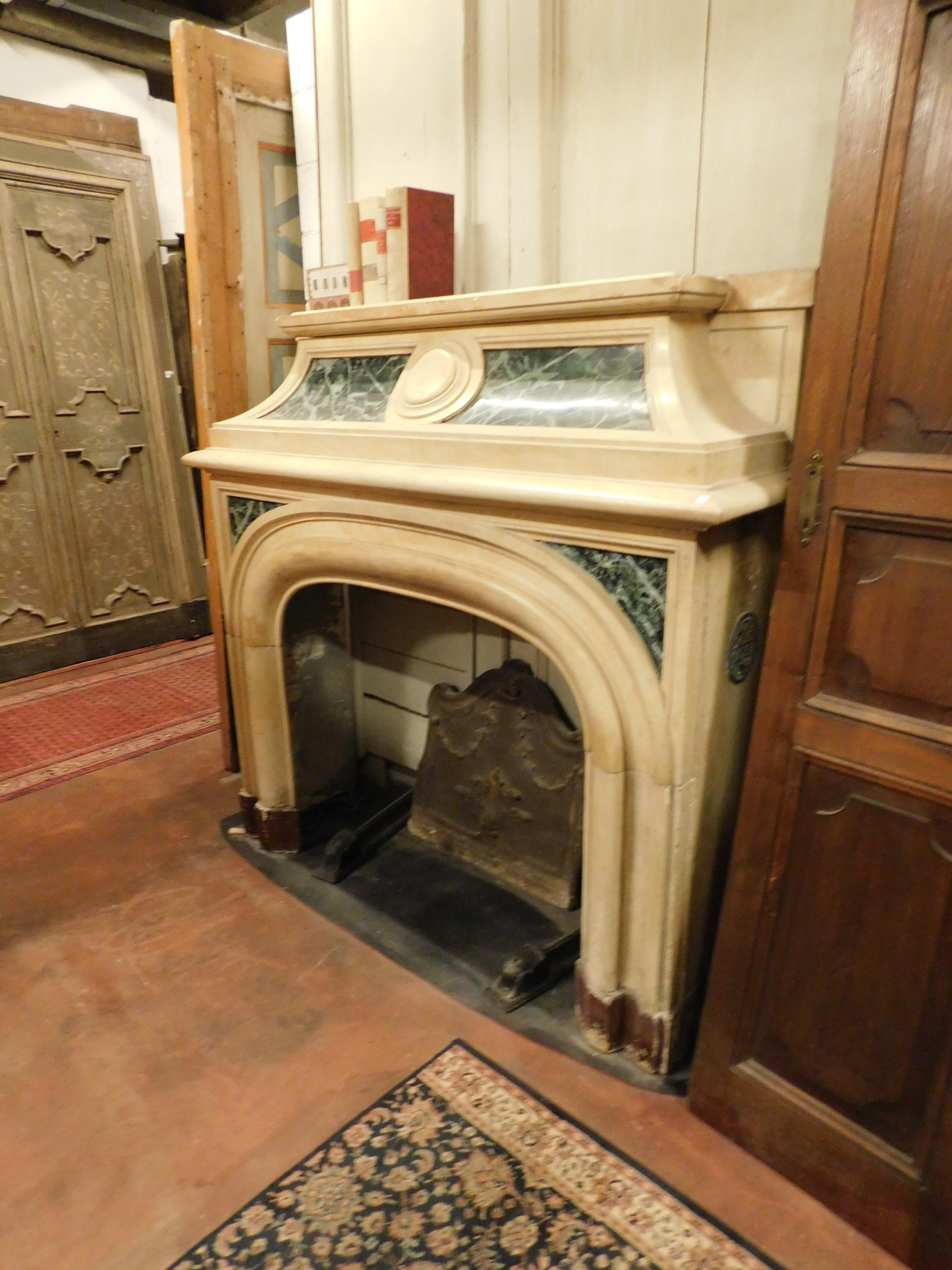 Lacquered  19th century Antique fireplace in yellow marble, green lacquered, Italy For Sale