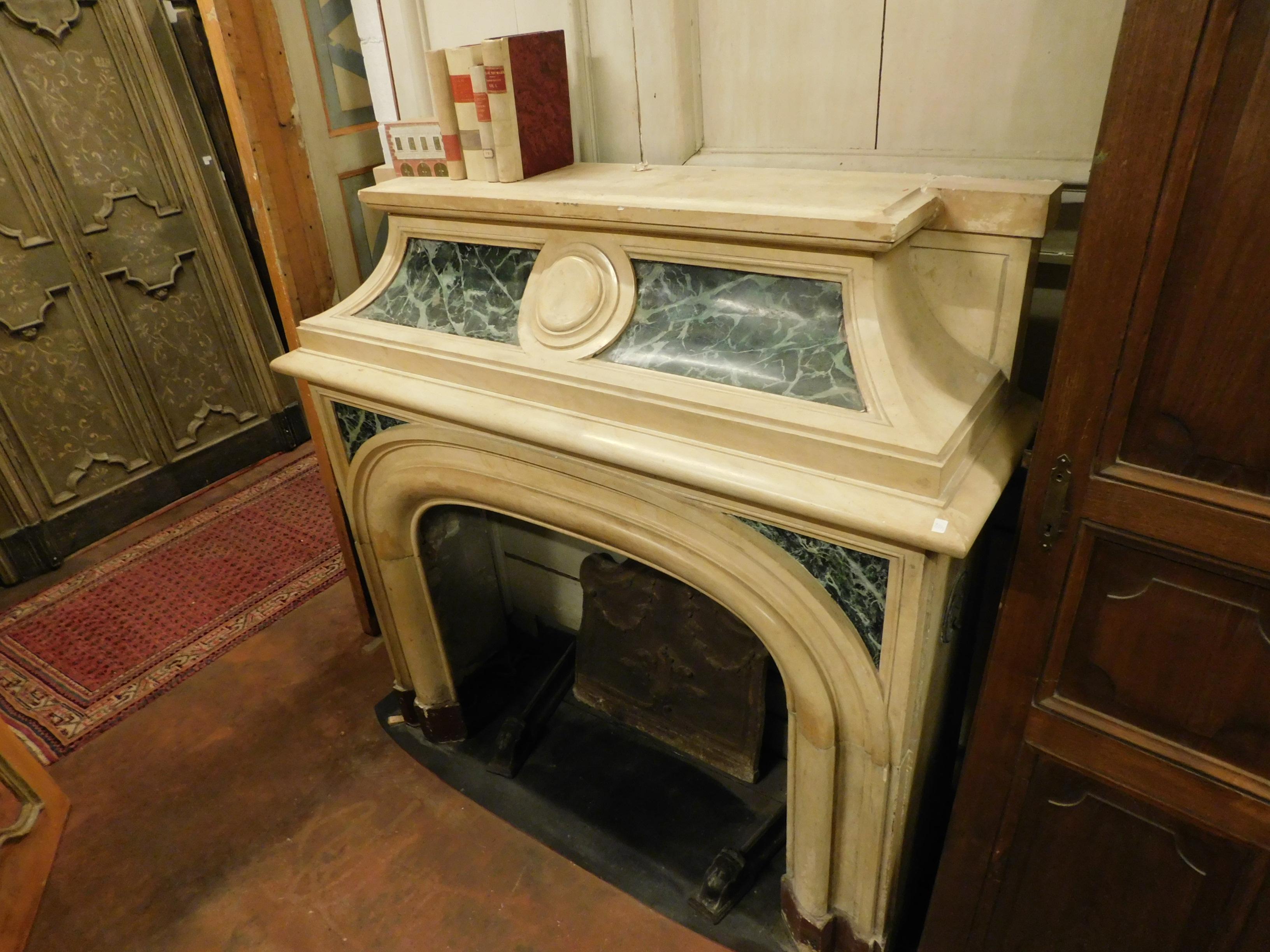 19th Century  19th century Antique fireplace in yellow marble, green lacquered, Italy For Sale