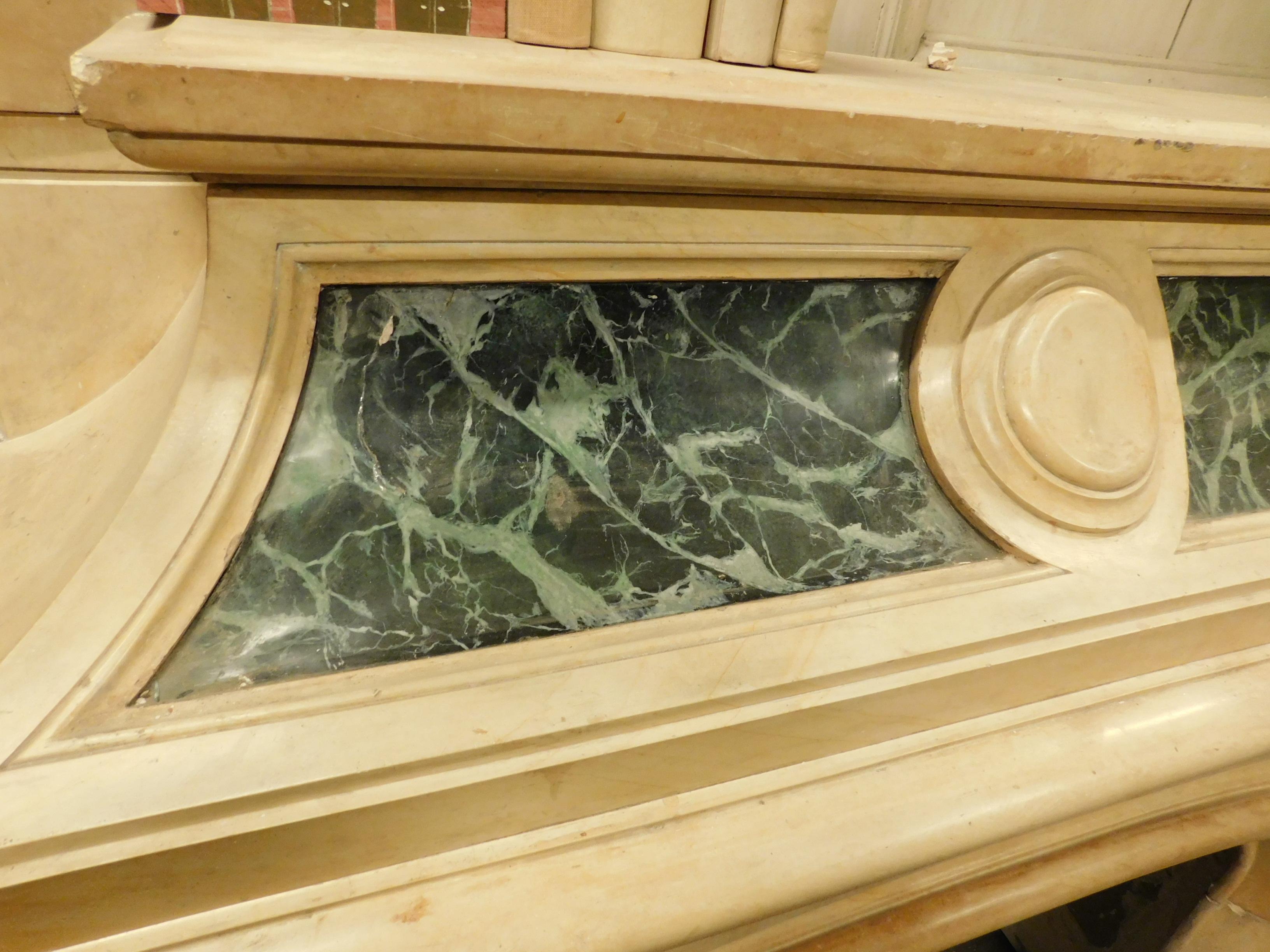 Marble  19th century Antique fireplace in yellow marble, green lacquered, Italy For Sale