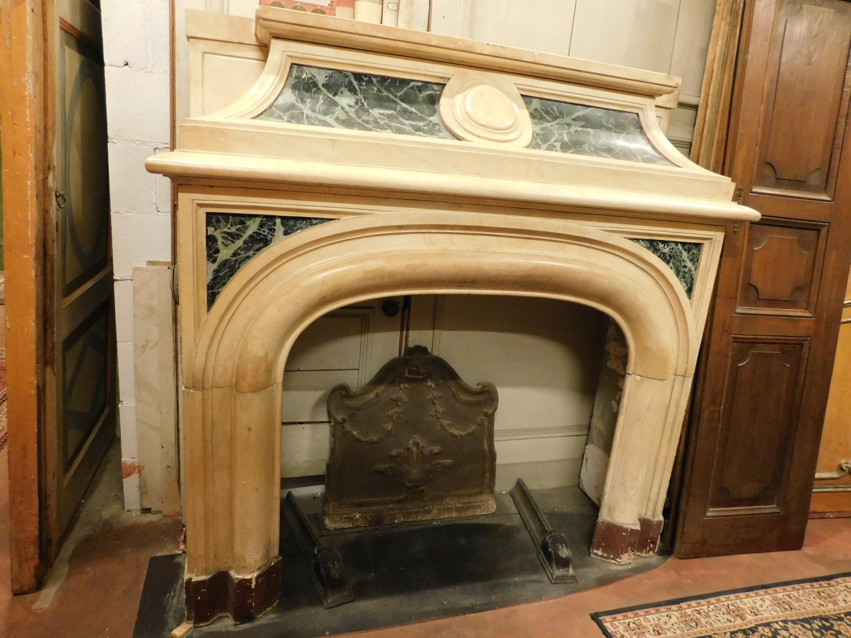  19th century Antique fireplace in yellow marble, green lacquered, Italy For Sale 1