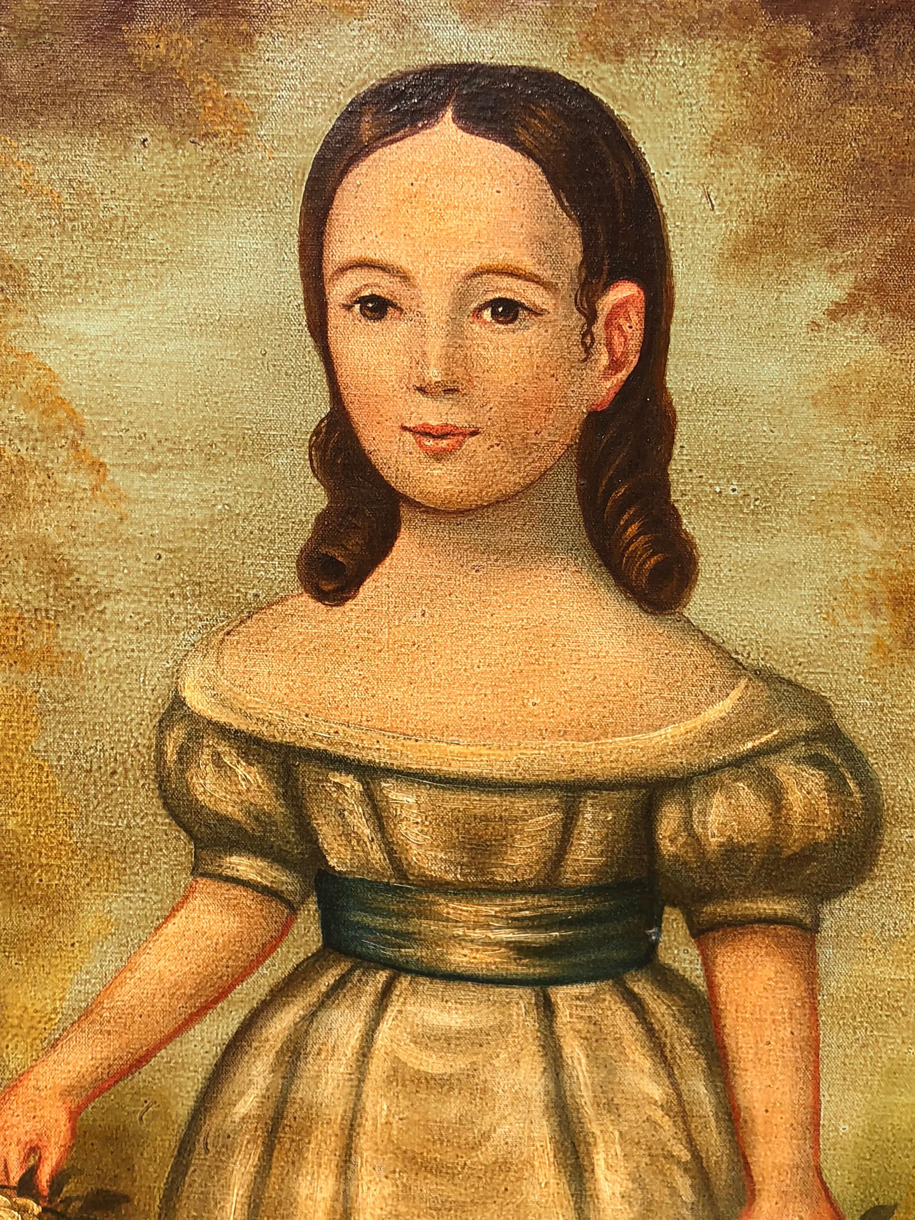 19th century antique Folk Art O/C portrait painting young girl standing, circa 1850.