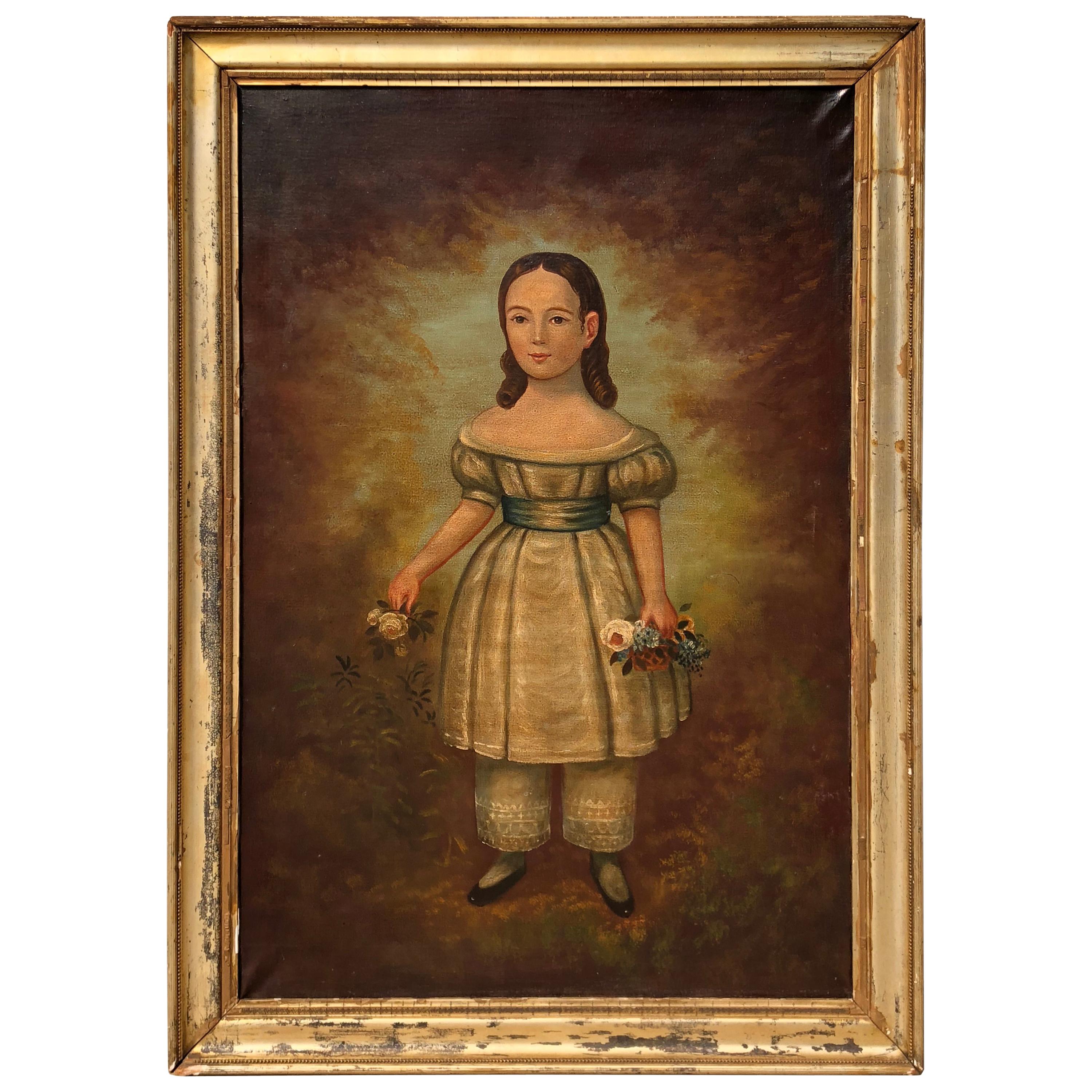 19th Century Antique Folk Art O/C Portrait Painting Young Girl Standing For Sale