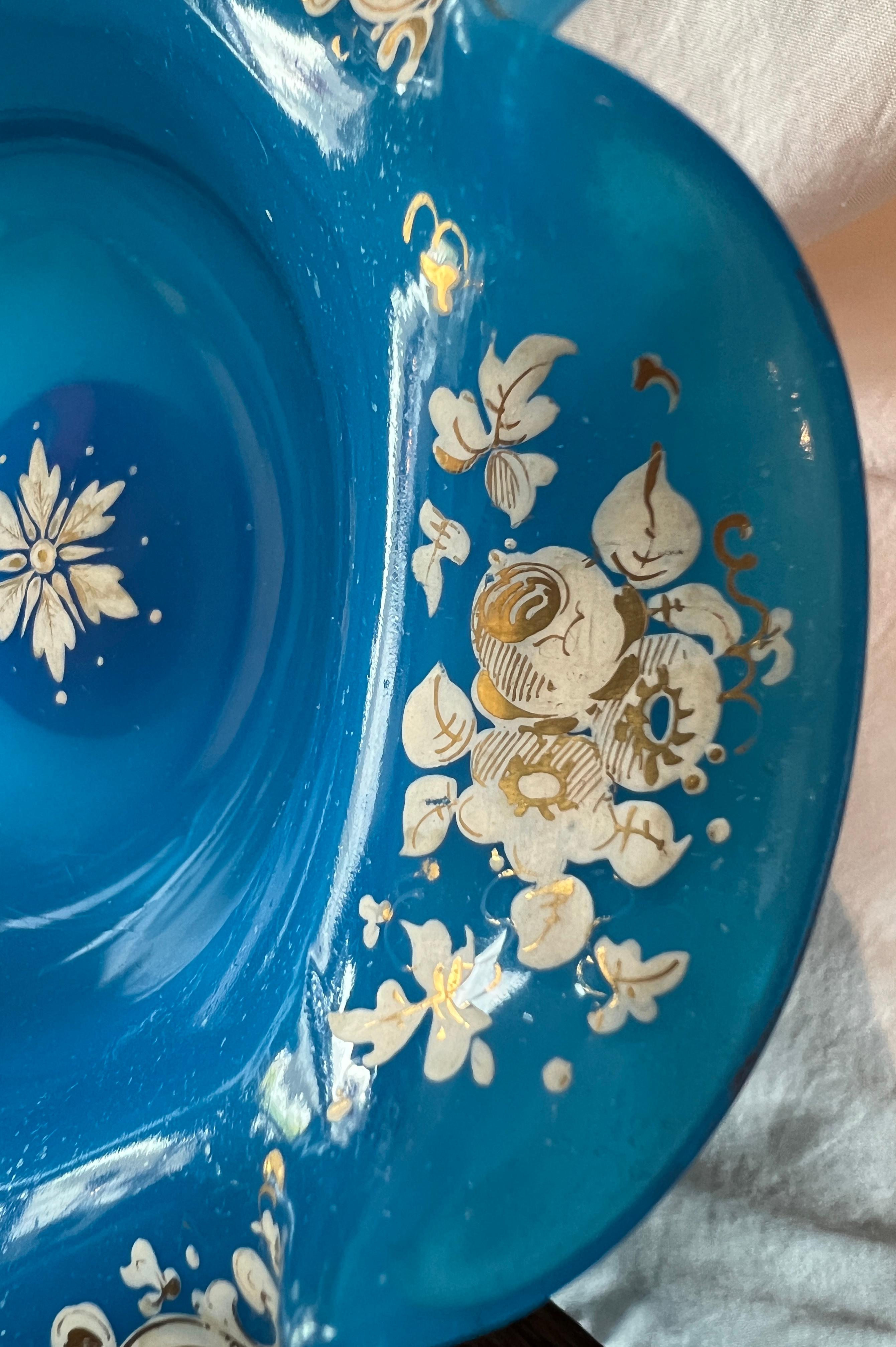 19th Century Antique French Blue Opaline Enameled Glass Bowl For Sale 8
