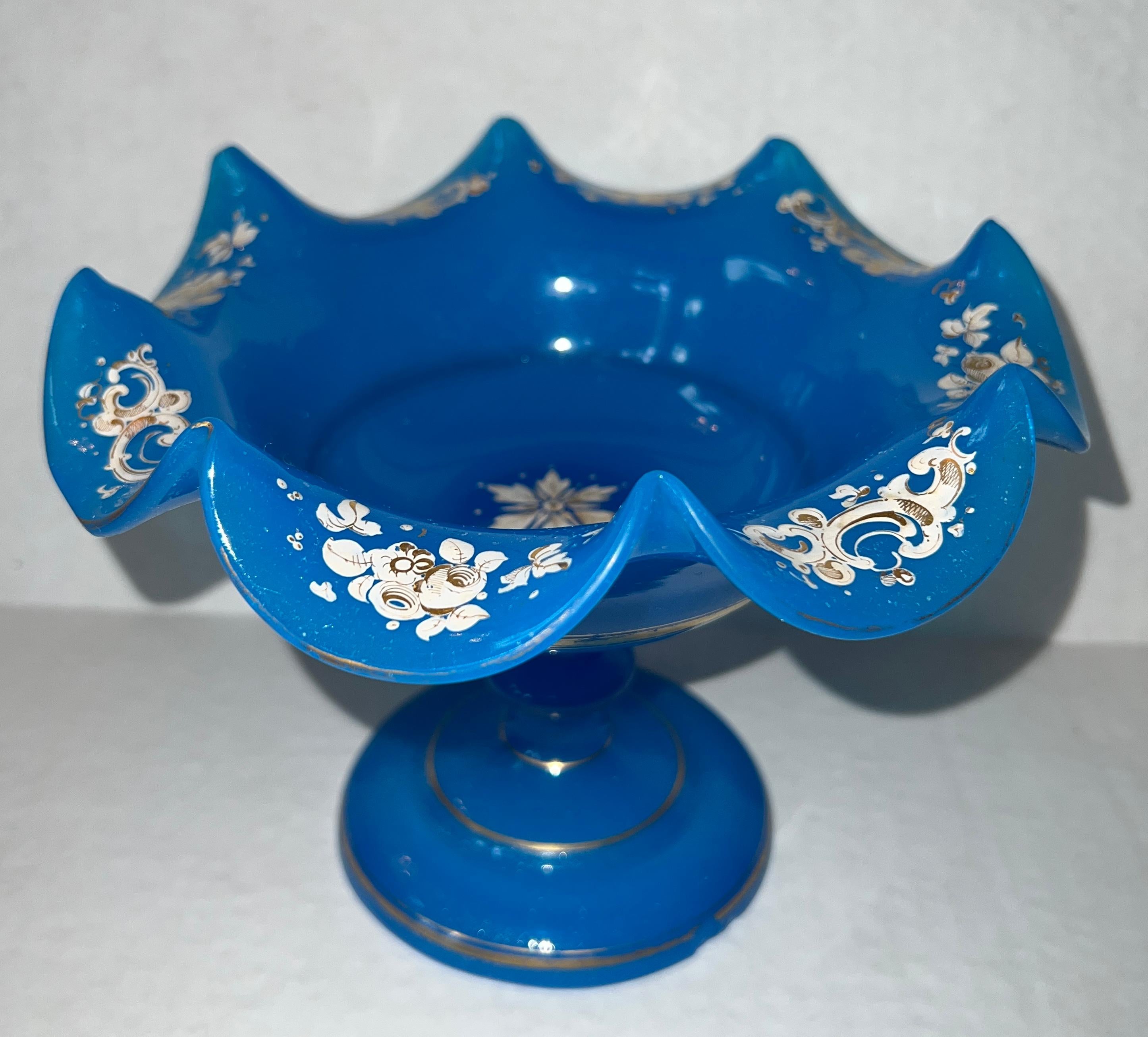 19th Century Antique French Blue Opaline Enameled Glass Bowl For Sale 10