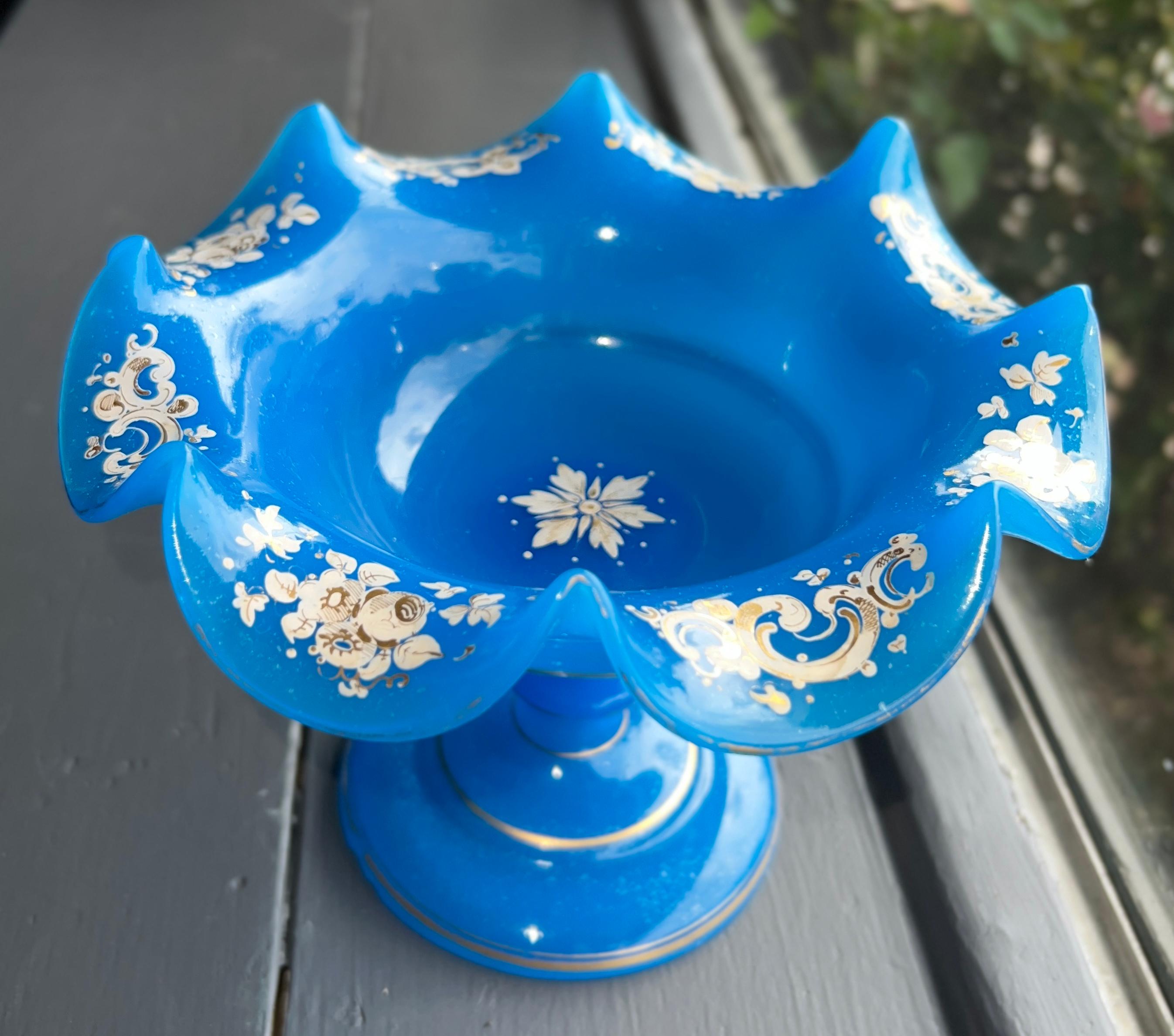 19th Century Antique French Blue Opaline Glass Bowl.
Fine quality. Hand painted with gilding enamel decoration, and wavy rim.