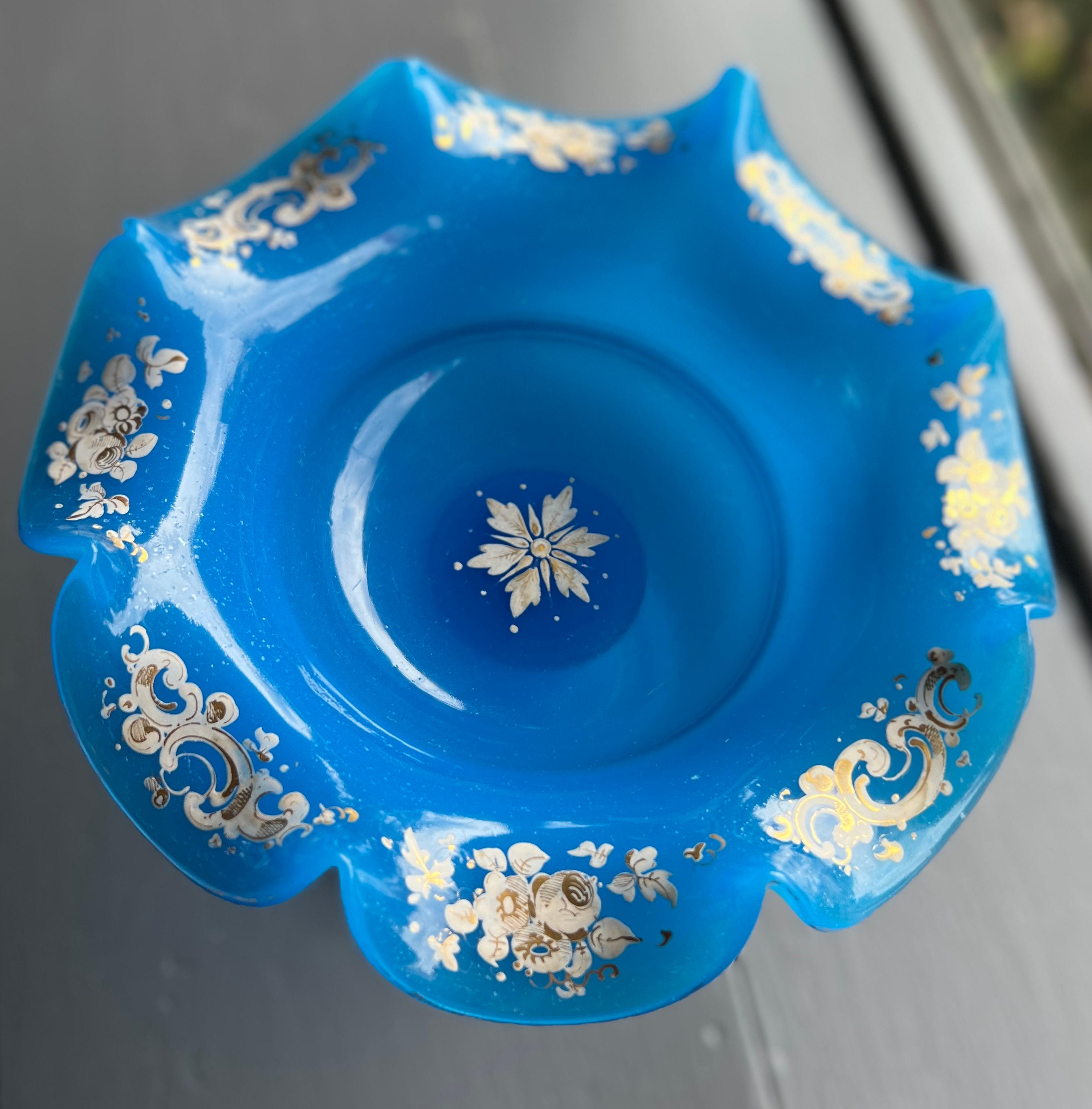Opaline Glass 19th Century Antique French Blue Opaline Enameled Glass Bowl For Sale