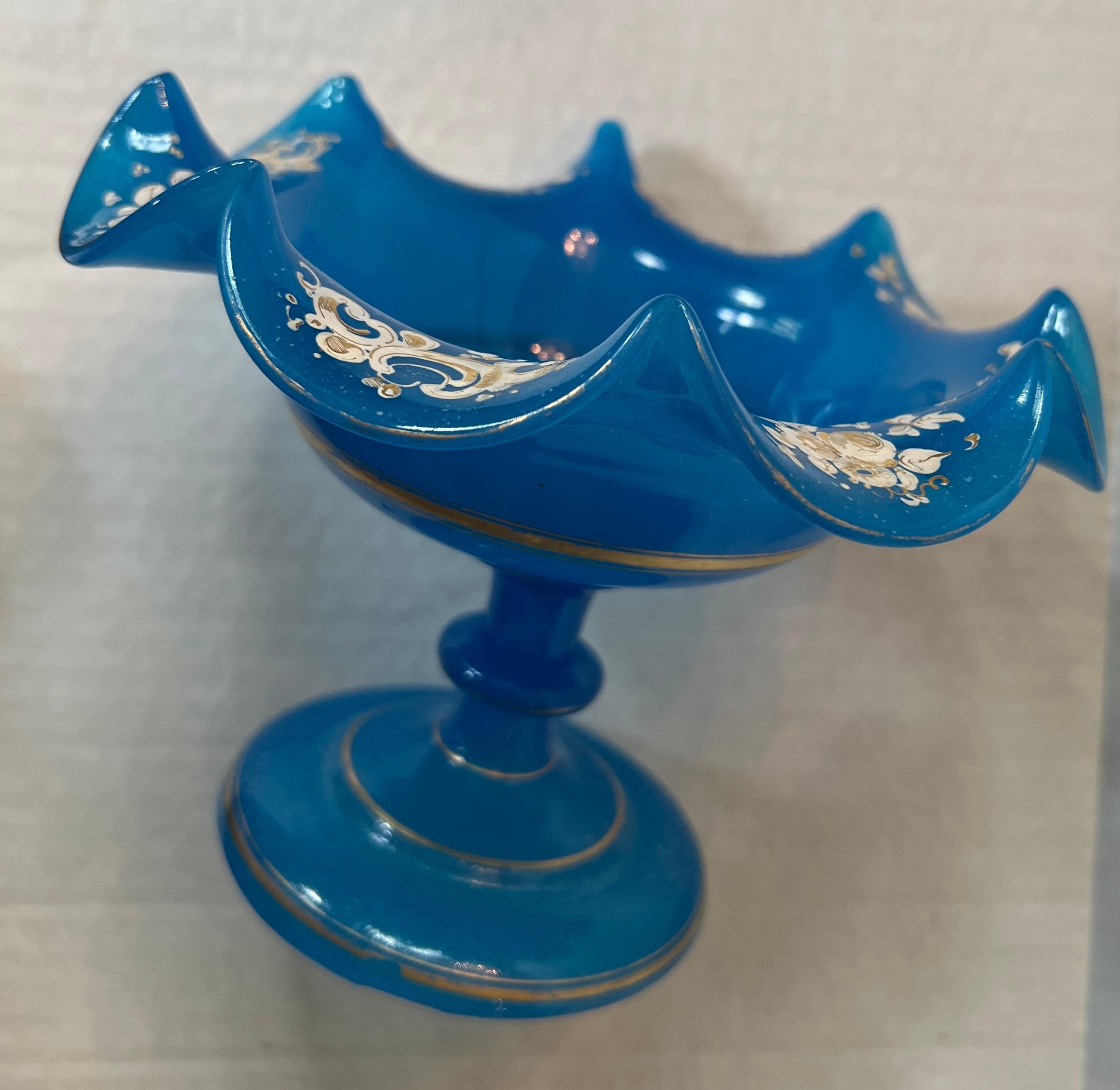 19th Century Antique French Blue Opaline Enameled Glass Bowl For Sale 2