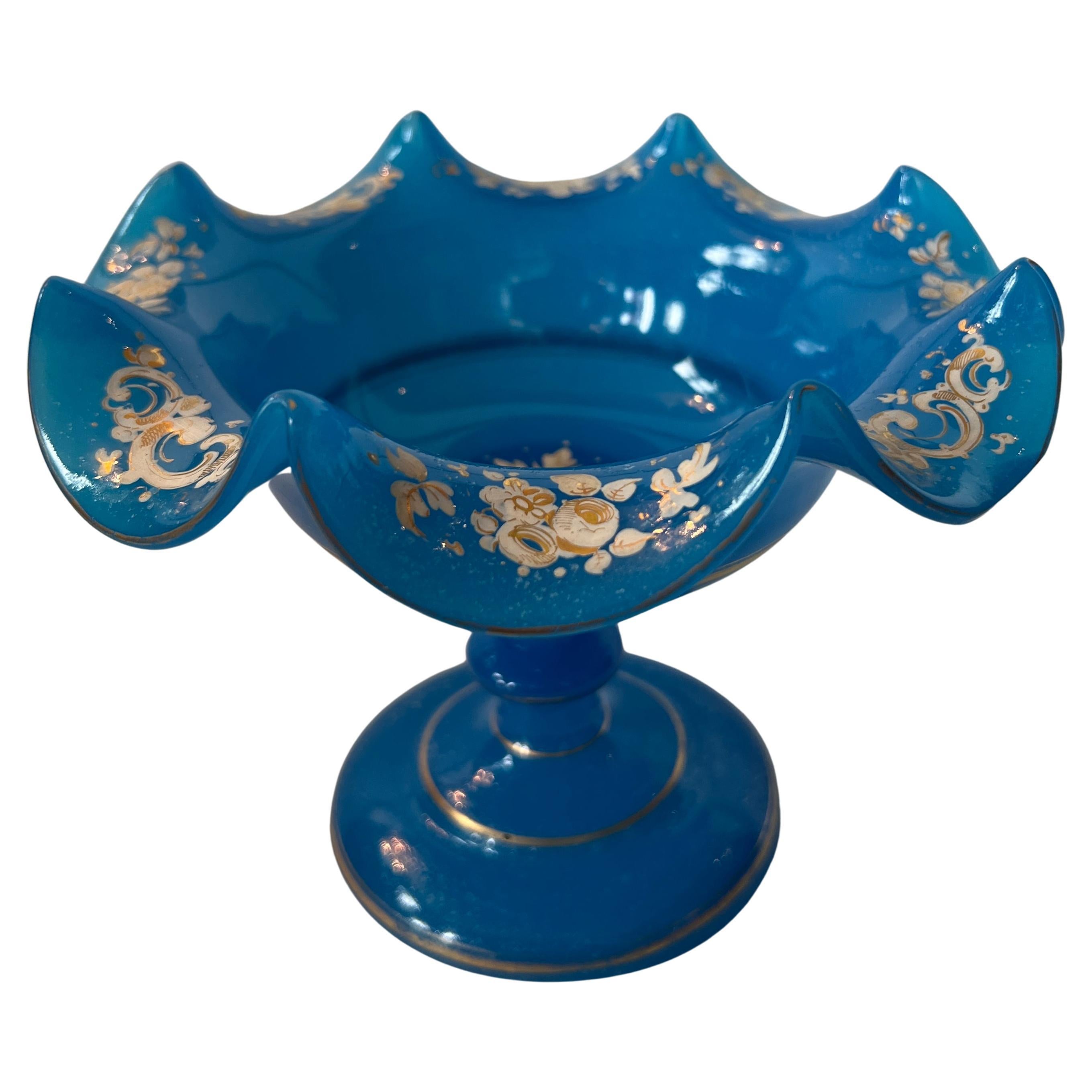 19th Century Antique French Blue Opaline Enameled Glass Bowl For Sale