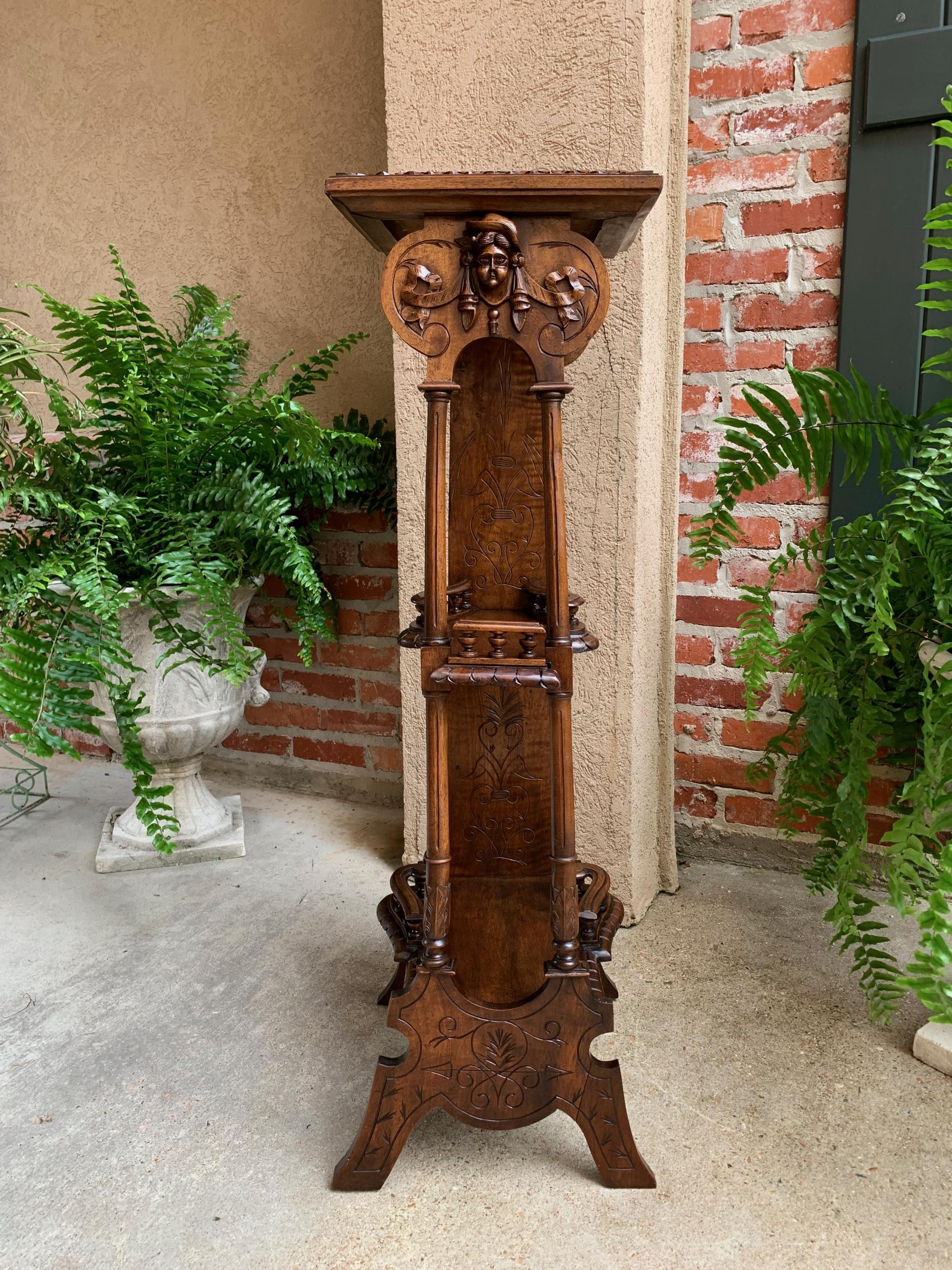 19th century antique French Breton Brittany carved oak tall plant display stand

~Direct from France~
~Tall and elegant antique French plant stand, direct from the Brittany region, with fabulous carved Breton details~
~Wide carved band to the