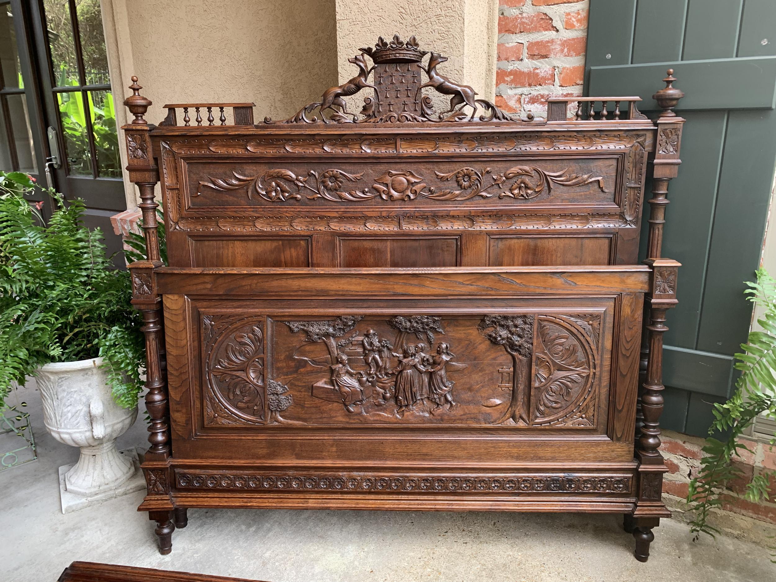 French Provincial 19th Century Antique French Breton Carved Oak Bed Duke of Brittany Coat of Arms