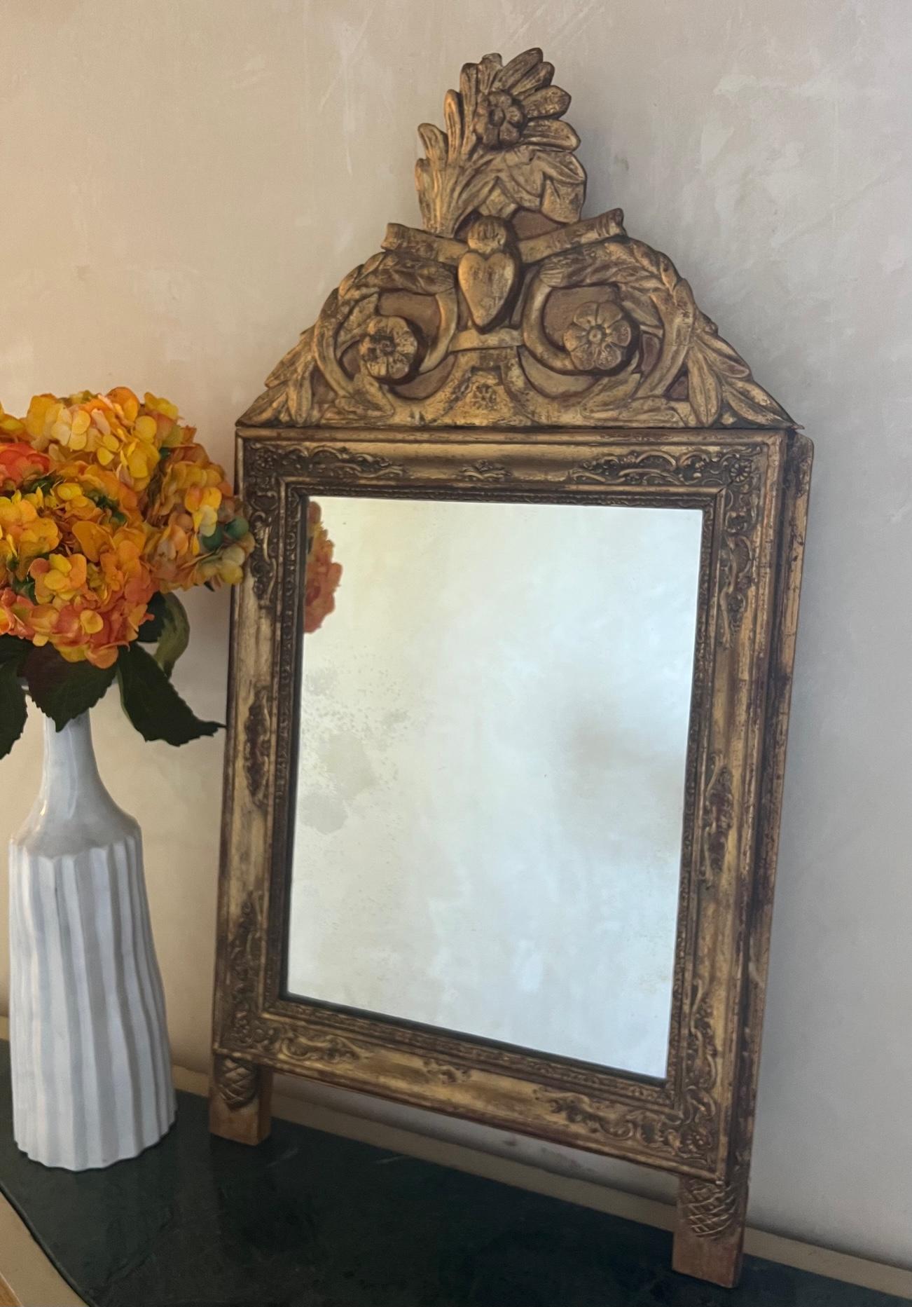 Hand-Carved 19th Century Antique French Bridal Mirror With Mercury Glass For Sale