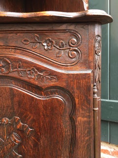 19th Century Antique French Carved Dark Oak Corner Cabinet Shelf Bookcase