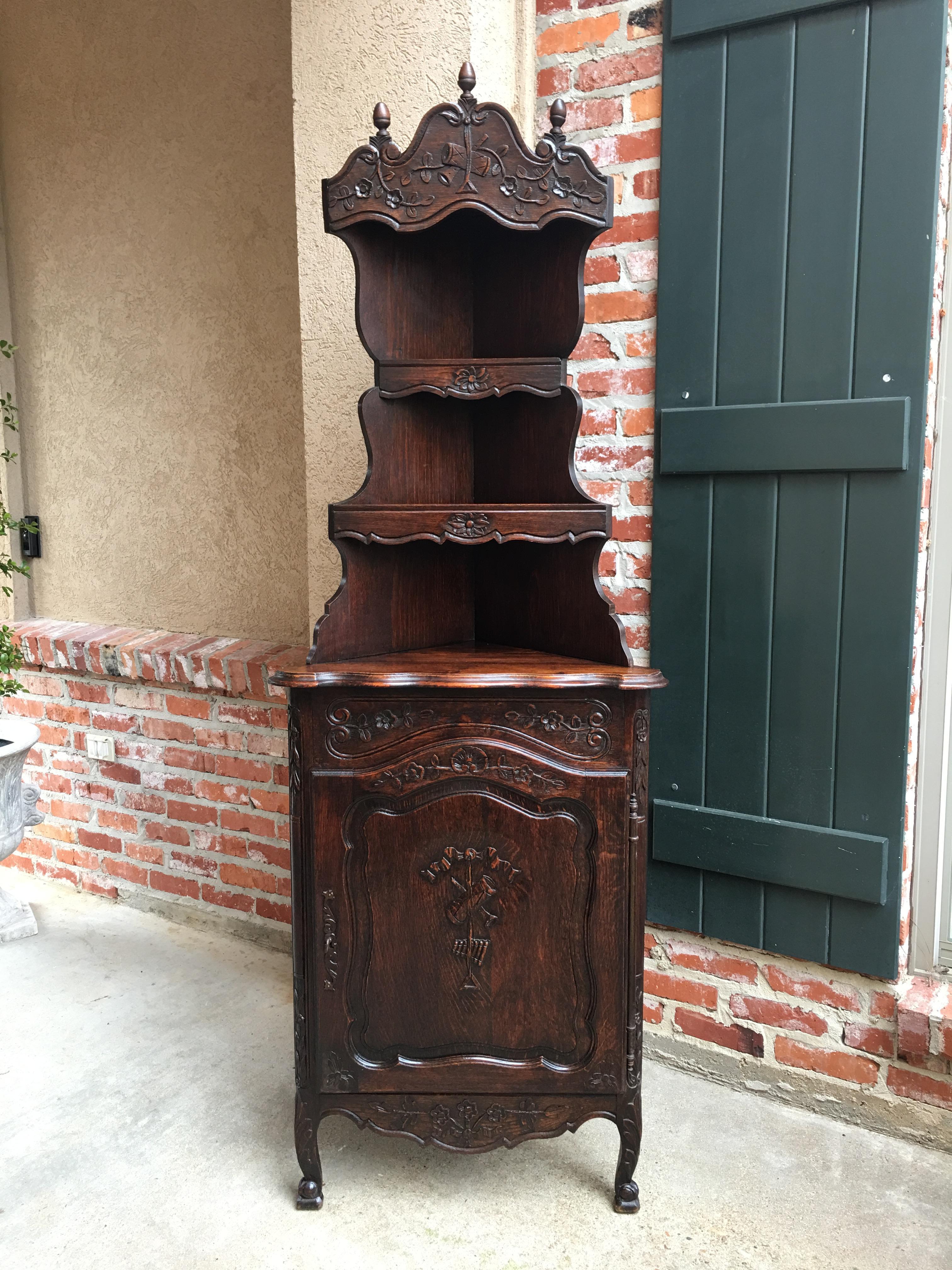 French Provincial 19th Century Antique French Carved Dark Oak Corner Cabinet Shelf Bookcase