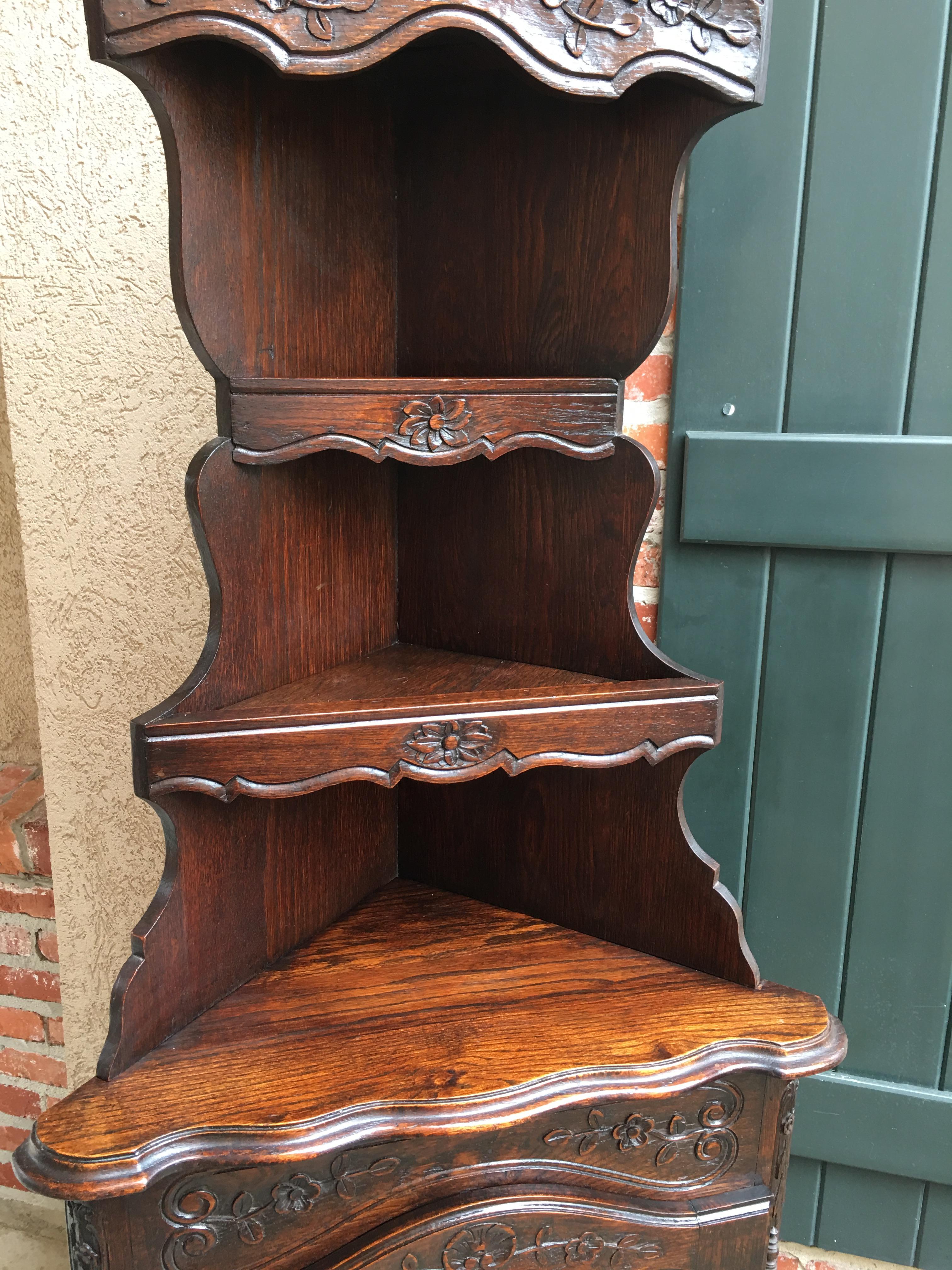 Hand-Carved 19th Century Antique French Carved Dark Oak Corner Cabinet Shelf Bookcase