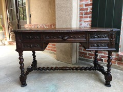 19th Century Antique French Carved Oak Barley Twist Desk Renaissance Knight