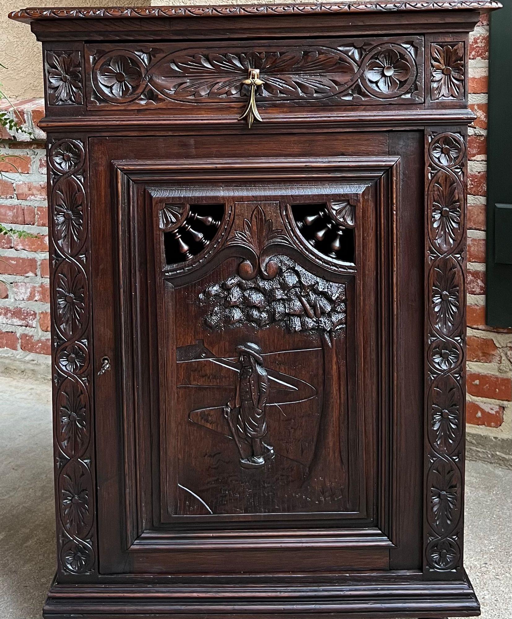 Hand-Carved 19th Century Antique French Carved Oak Cabinet Breton Brittany Wine Bar Sideboar