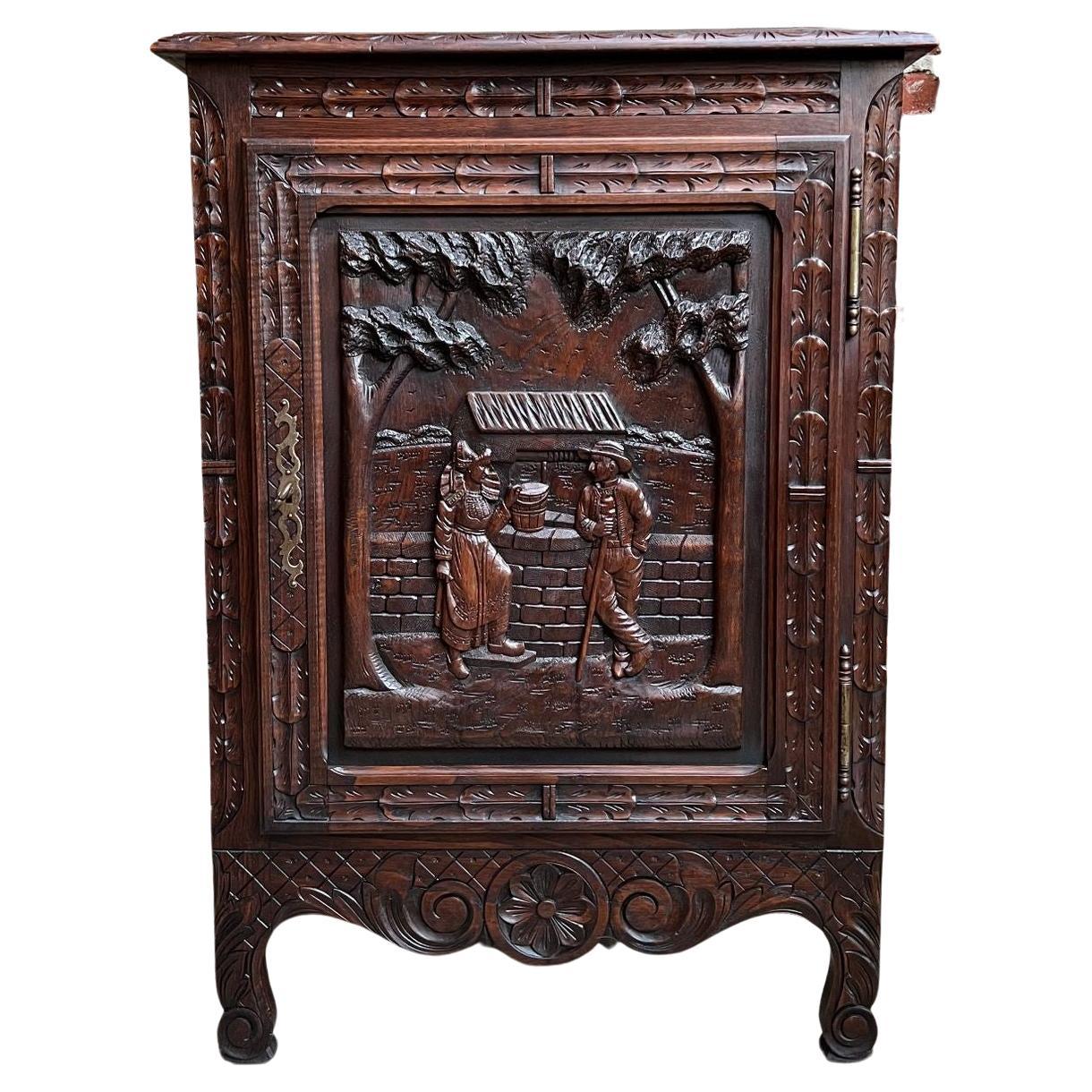 Antique French Carved Oak Cabinet Breton Brittany Wine Bar Sofa Table c1890 For Sale