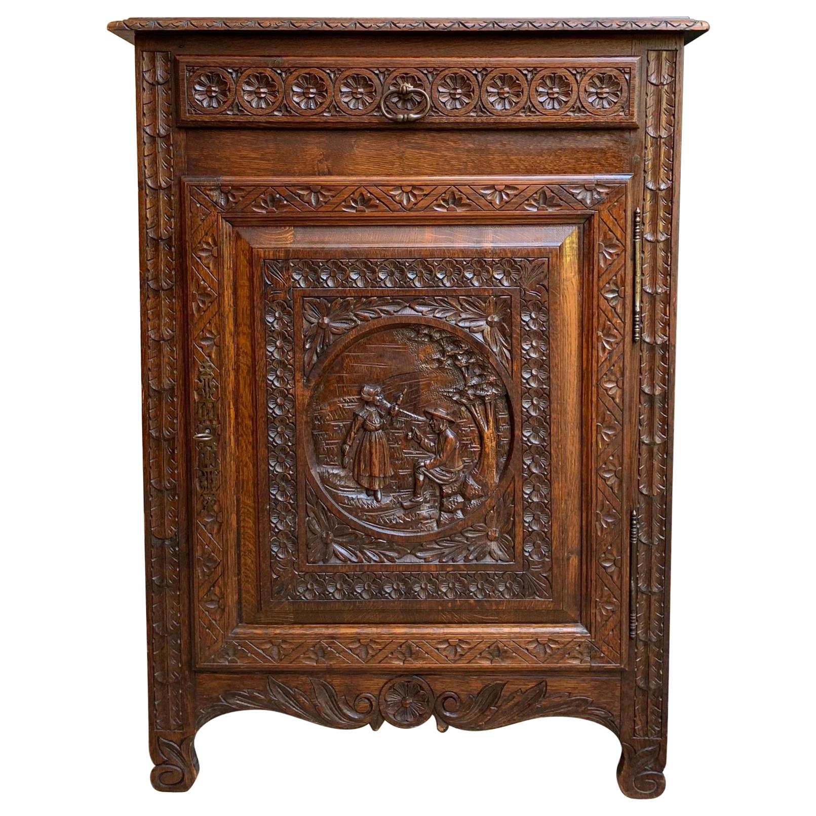 19th century Antique French Carved Oak Confiturier Jam Cabinet Breton Brittany