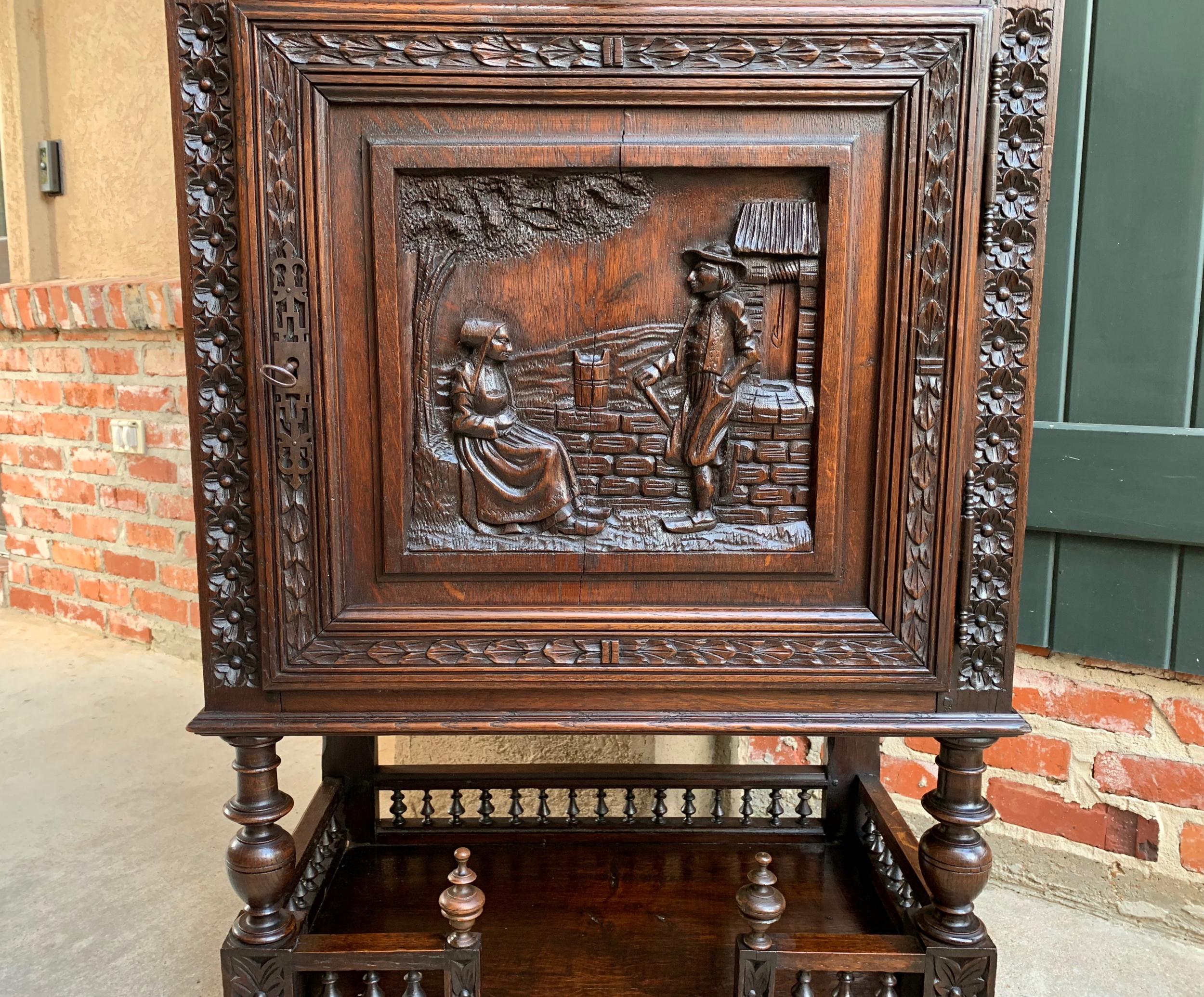 Hand-Carved 19th Century Antique French Carved Oak Confiturier Wine Cabinet Display Brittany