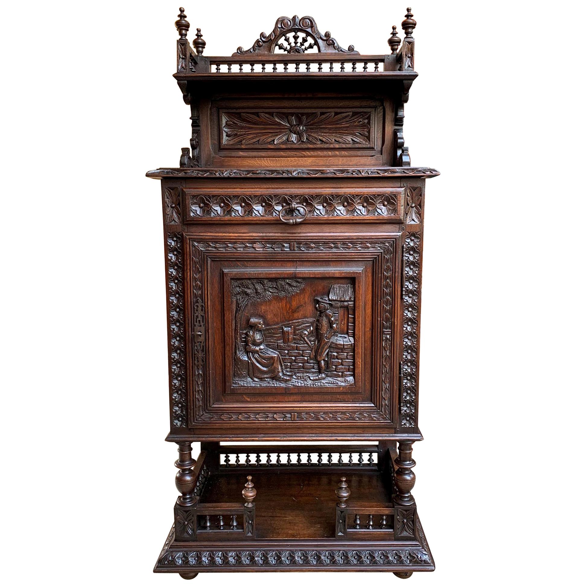 19th Century Antique French Carved Oak Confiturier Wine Cabinet Display Brittany