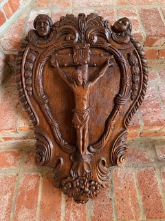 19th Century Antique French Carved Oak Crucifix Cross Wall Hanging Plaque Jesus