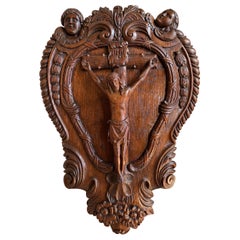 19th Century Antique French Carved Oak Crucifix Cross Wall Hanging Plaque Jesus