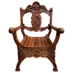 19th Century Antique French Carved Oak Curule Chair Renaissance Arm Throne