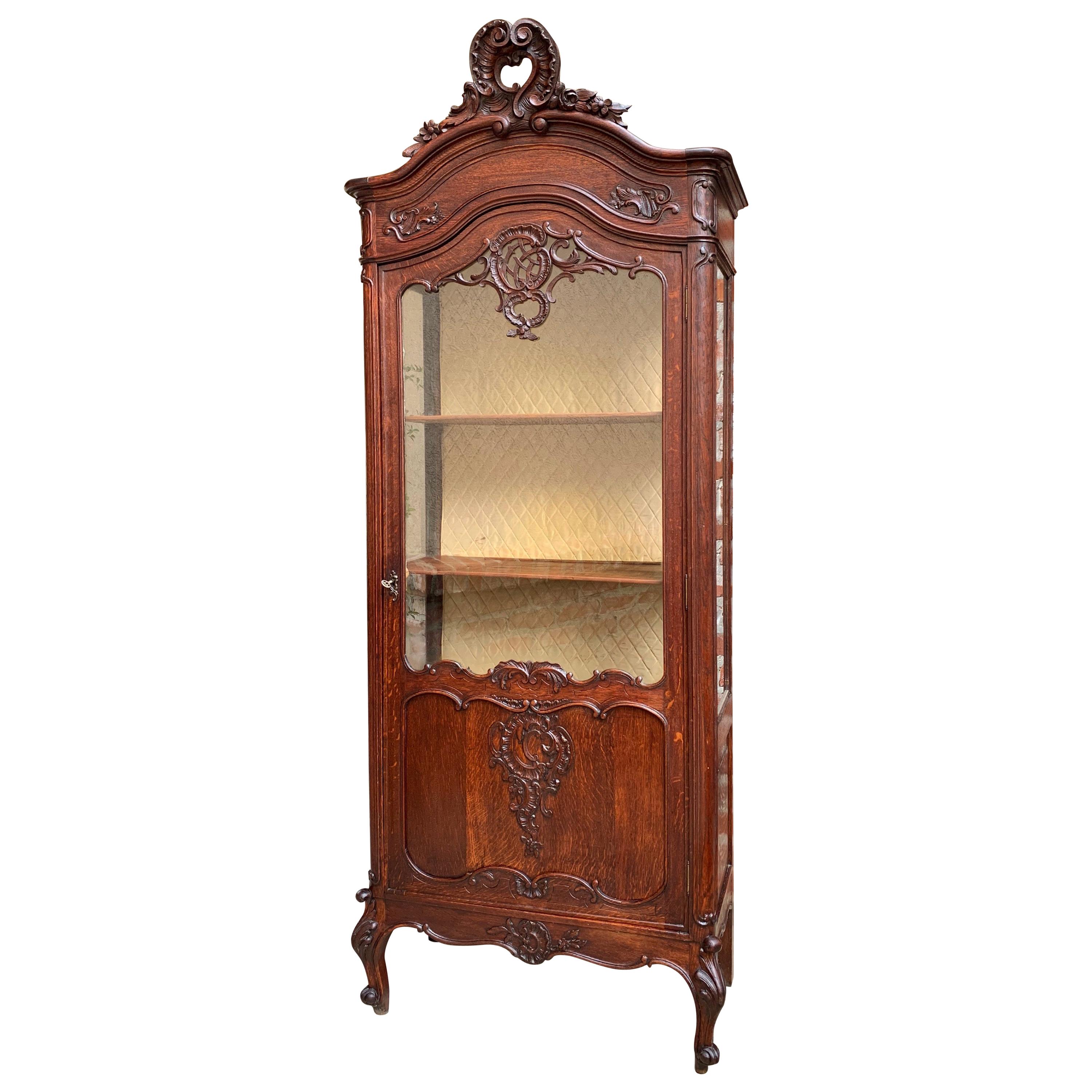 19th Century Antique French Carved Oak Glass Display Cabinet Vitrine Louis XV