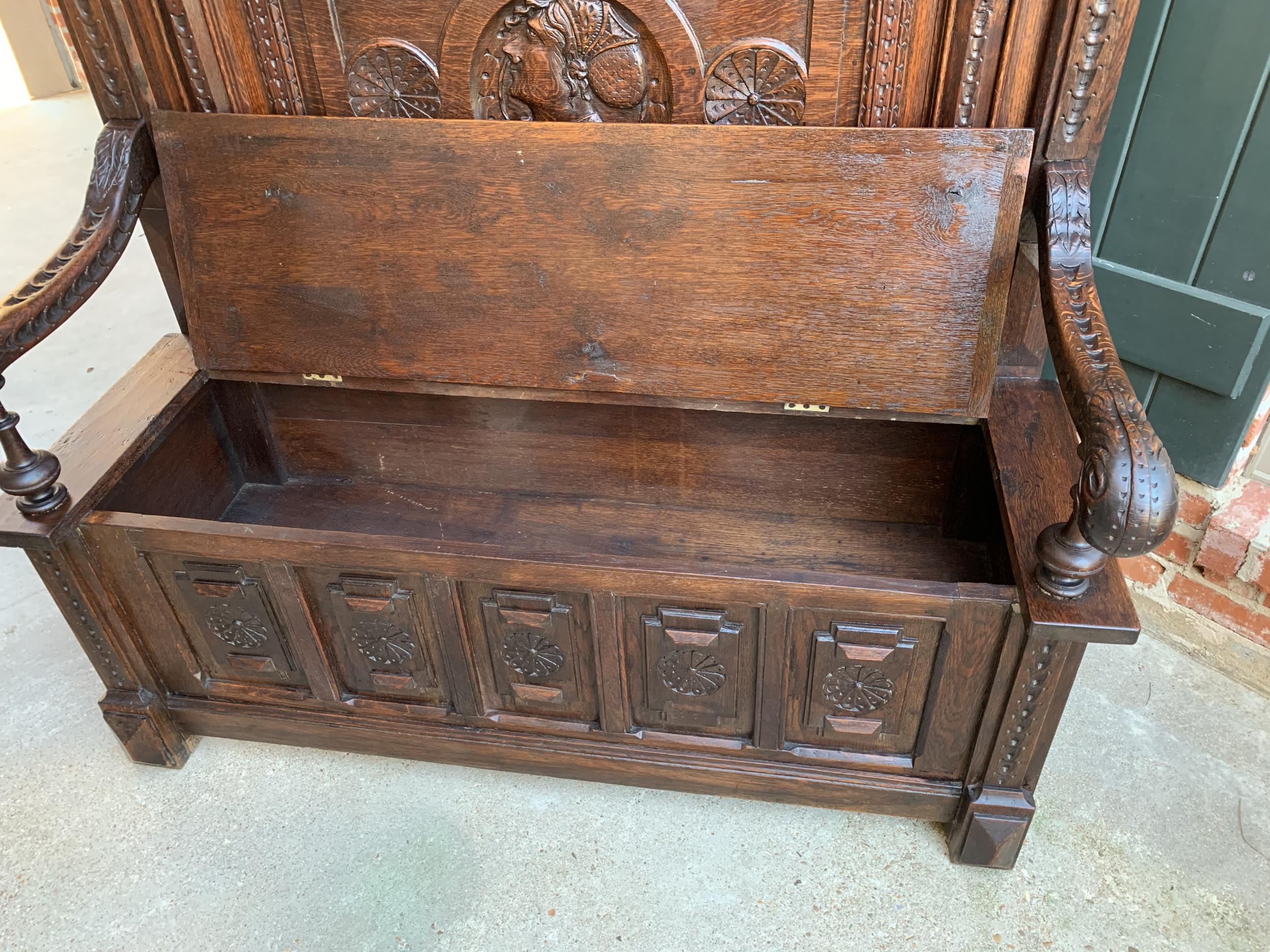 19th Century Antique French Carved Oak Hall Bench Brittany Breton Tall Pew Chest 6