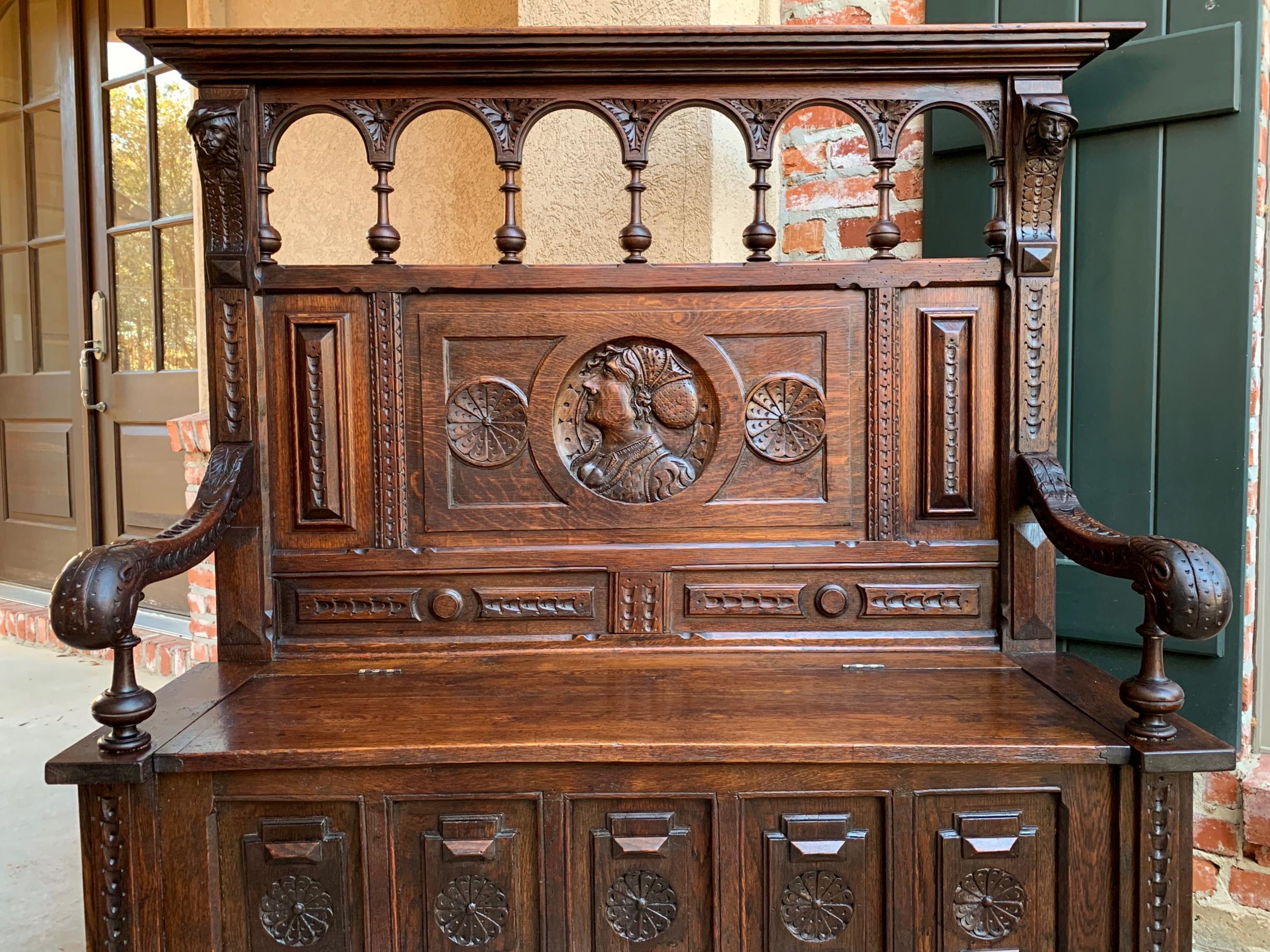 19th Century Antique French Carved Oak Hall Bench Brittany Breton Tall Pew Chest In Good Condition In Shreveport, LA