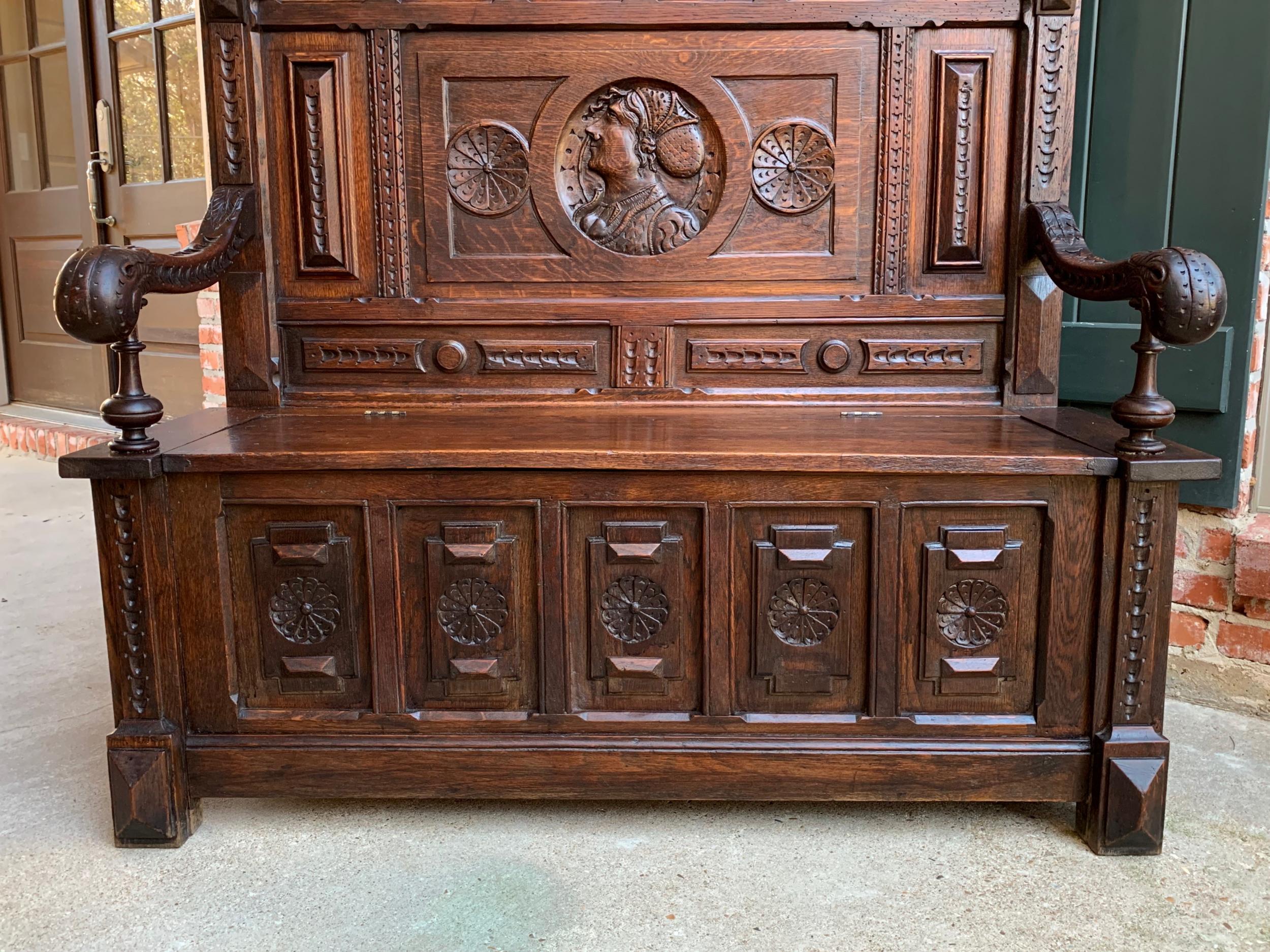 19th Century Antique French Carved Oak Hall Bench Brittany Breton Tall Pew Chest 1