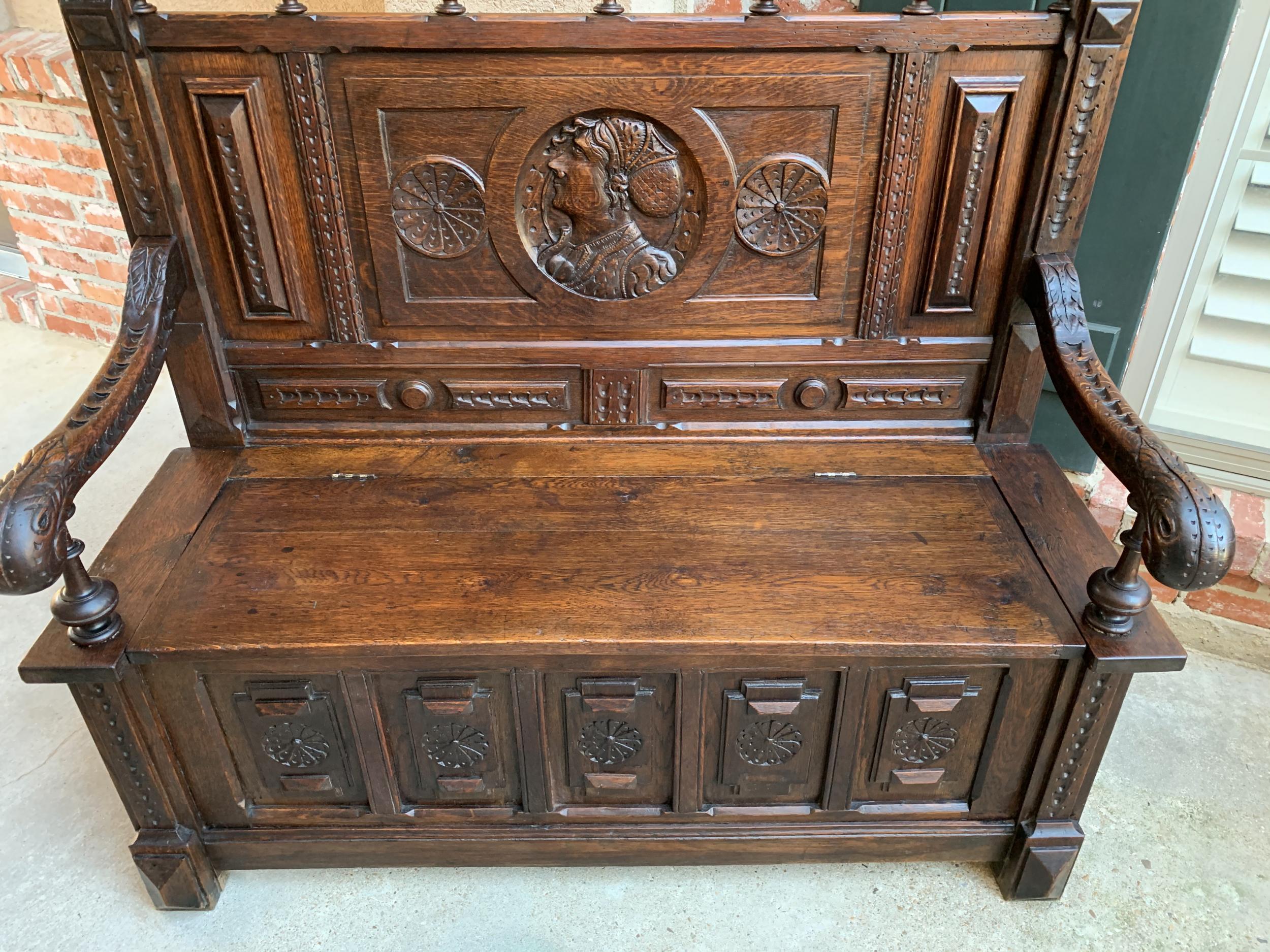 19th Century Antique French Carved Oak Hall Bench Brittany Breton Tall Pew Chest 3