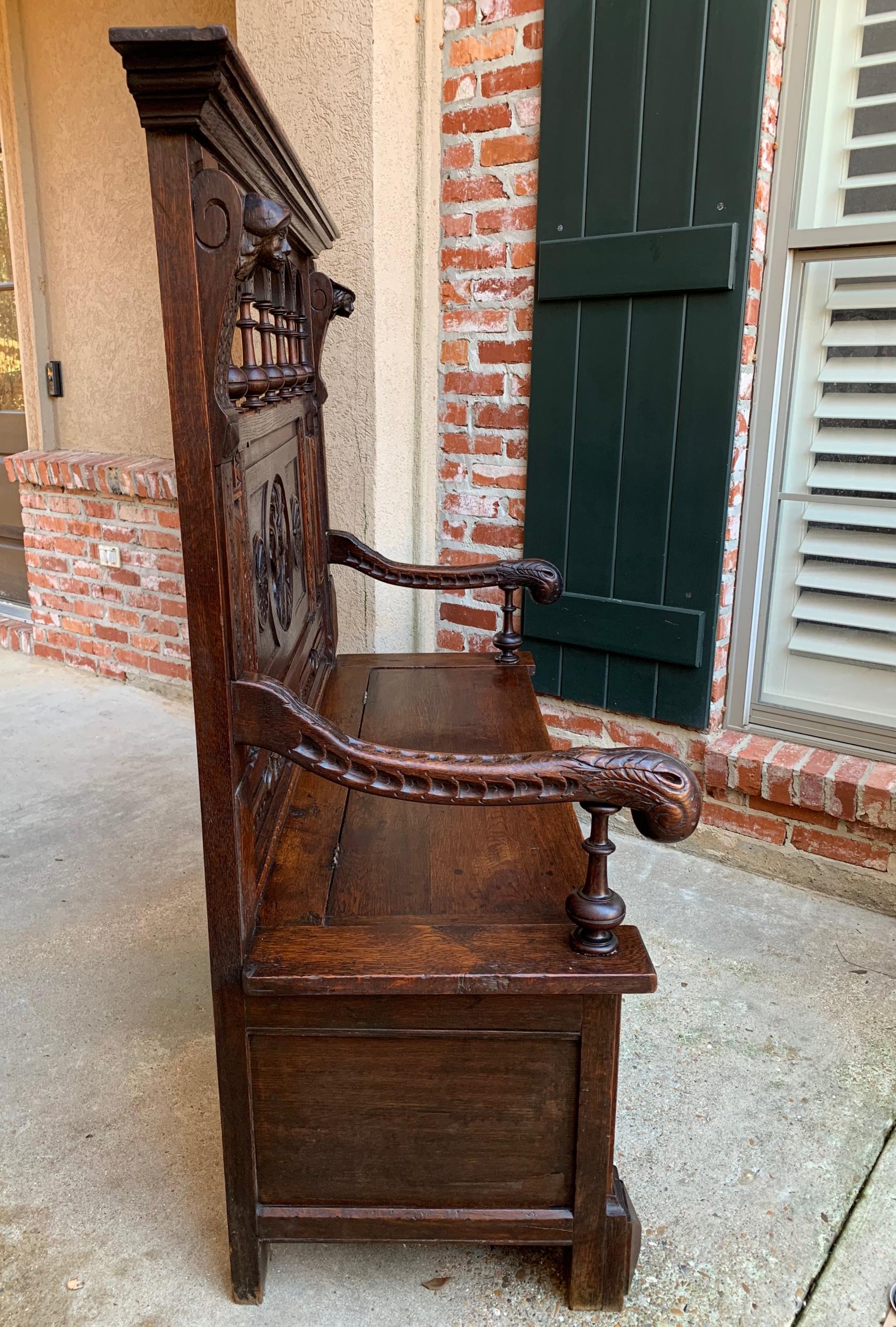 19th Century Antique French Carved Oak Hall Bench Brittany Breton Tall Pew Chest 4