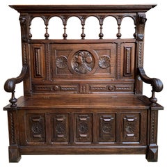 19th Century Antique French Carved Oak Hall Bench Brittany Breton Tall Pew Chest