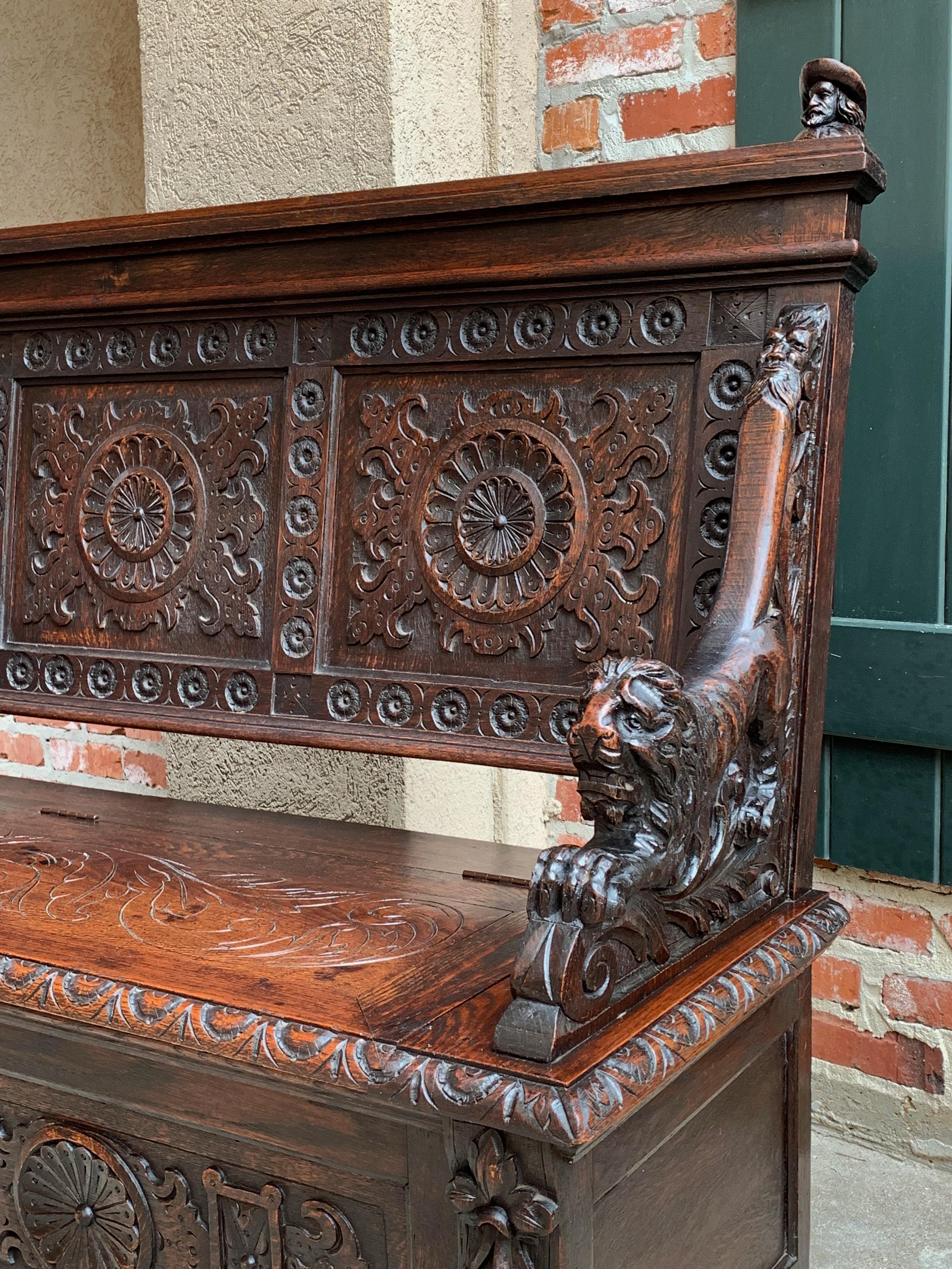 19th Century Antique French Carved Oak Hall Bench Chest Renaissance Lion Breton 5