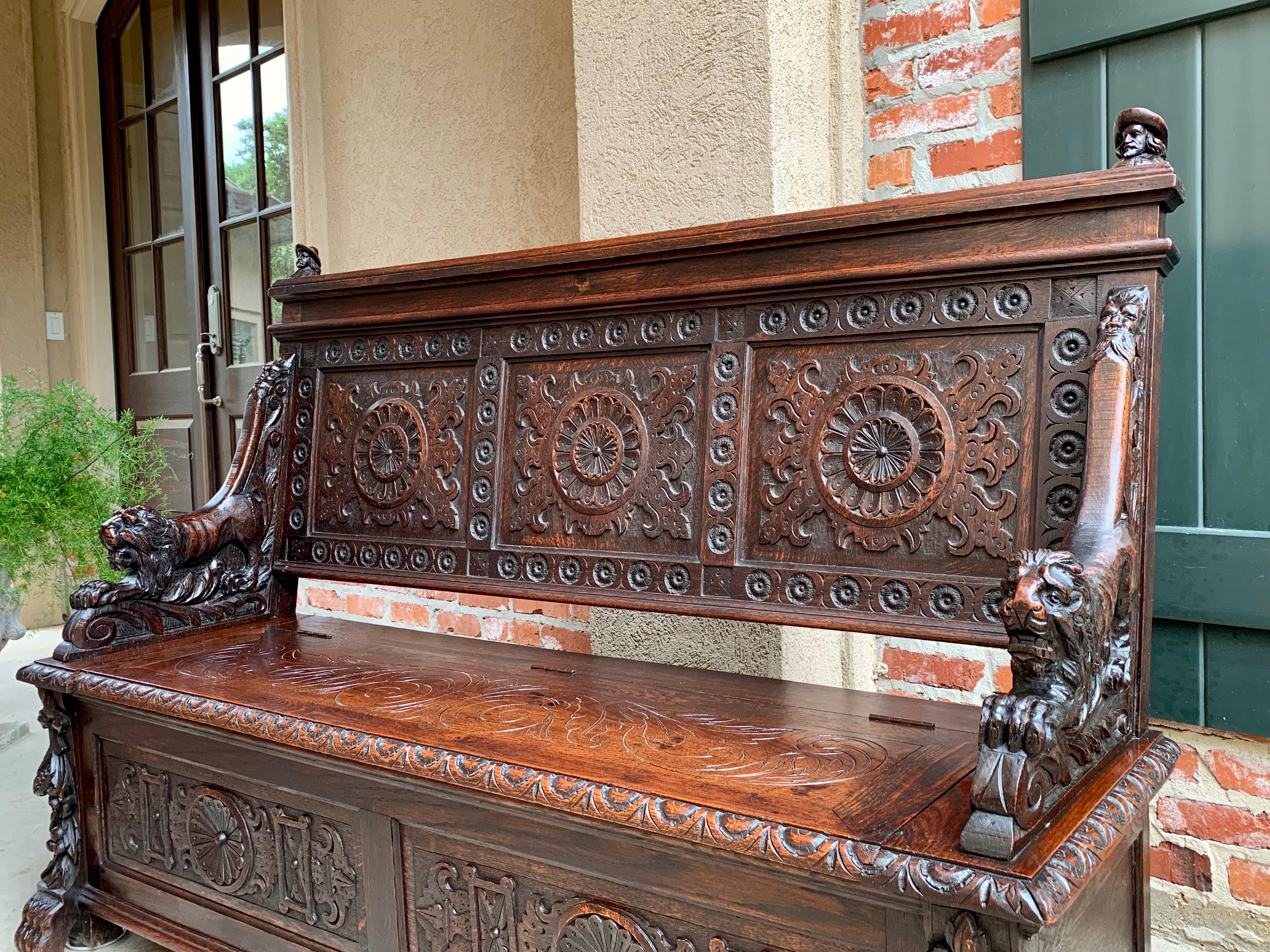 19th Century Antique French Carved Oak Hall Bench Chest Renaissance Lion Breton In Good Condition In Shreveport, LA