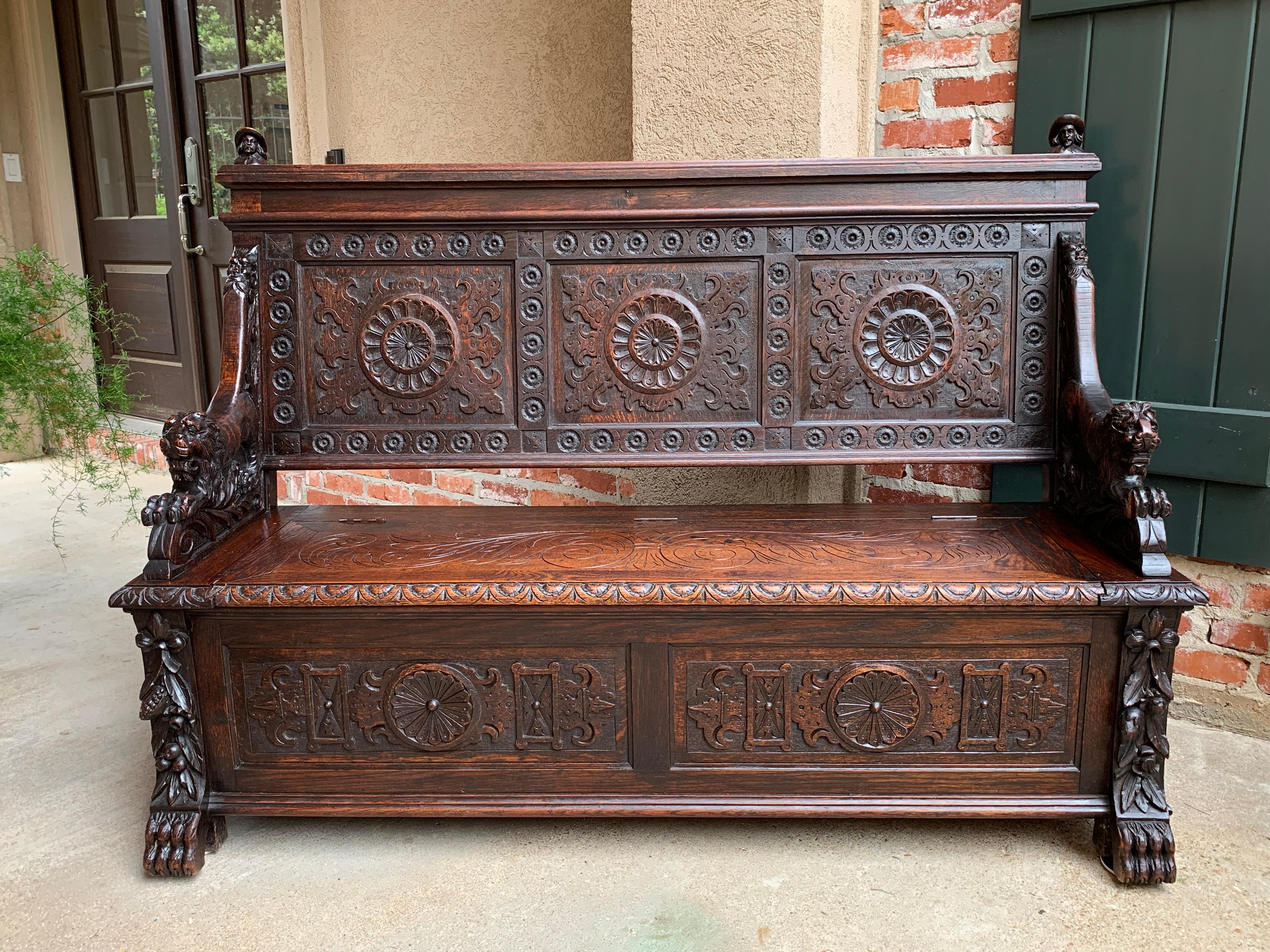 19th Century Antique French Carved Oak Hall Bench Chest Renaissance Lion Breton 1