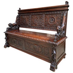 19th Century Antique French Carved Oak Hall Bench Chest Renaissance Lion Breton