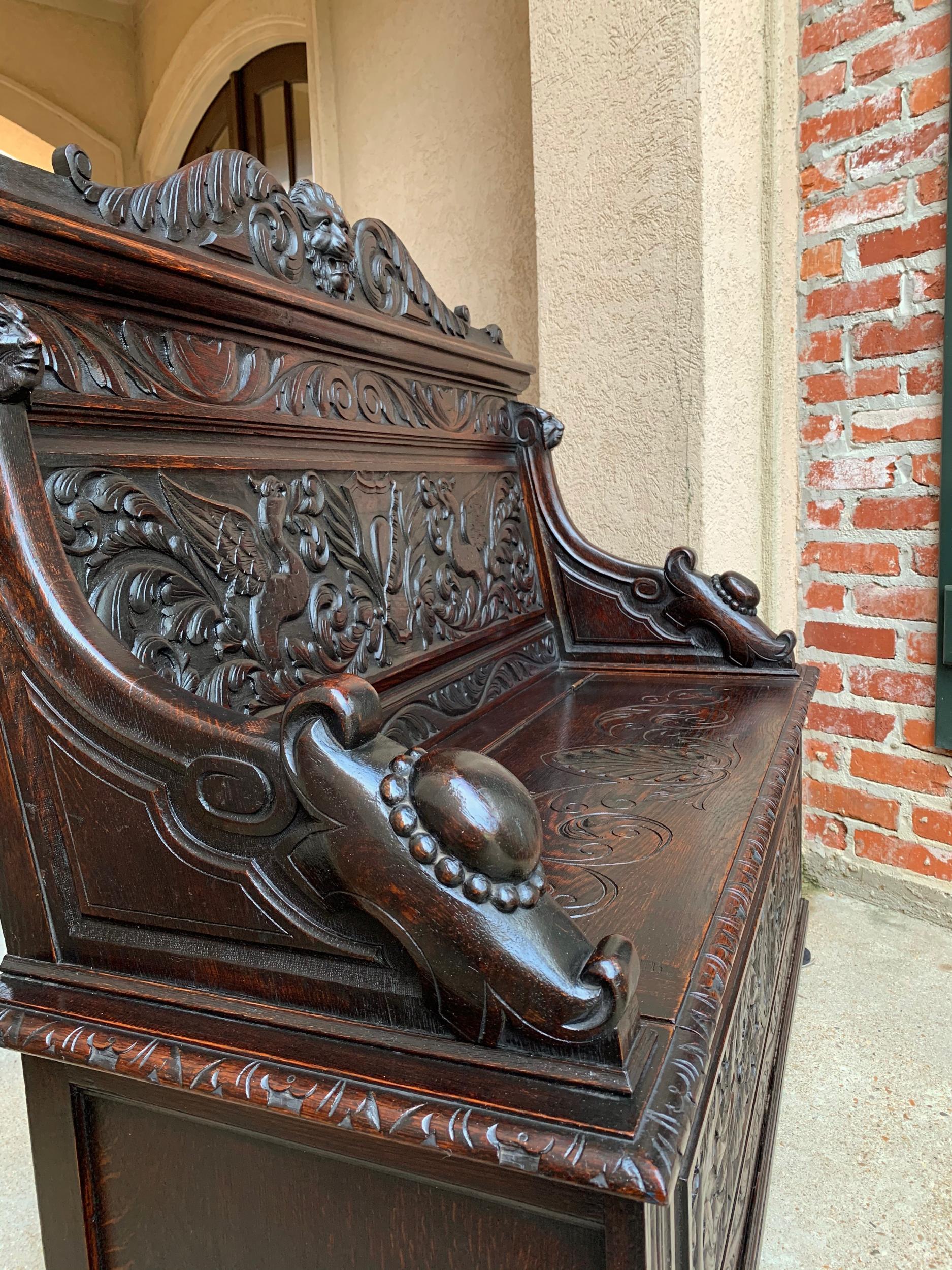 19th Century Antique French Carved Oak Hall Bench Trunk Chest Renaissance Lion 6