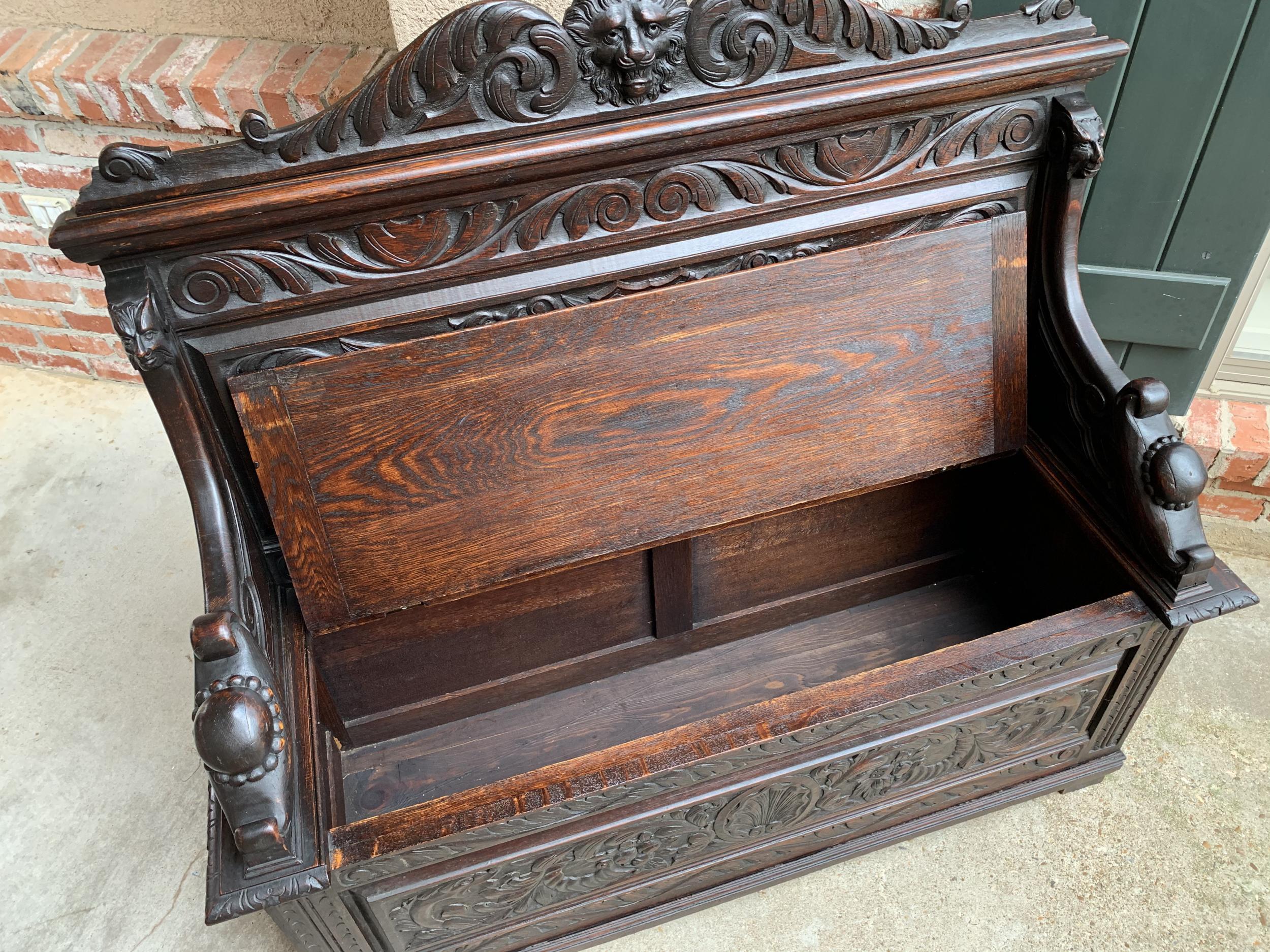 19th Century Antique French Carved Oak Hall Bench Trunk Chest Renaissance Lion 7