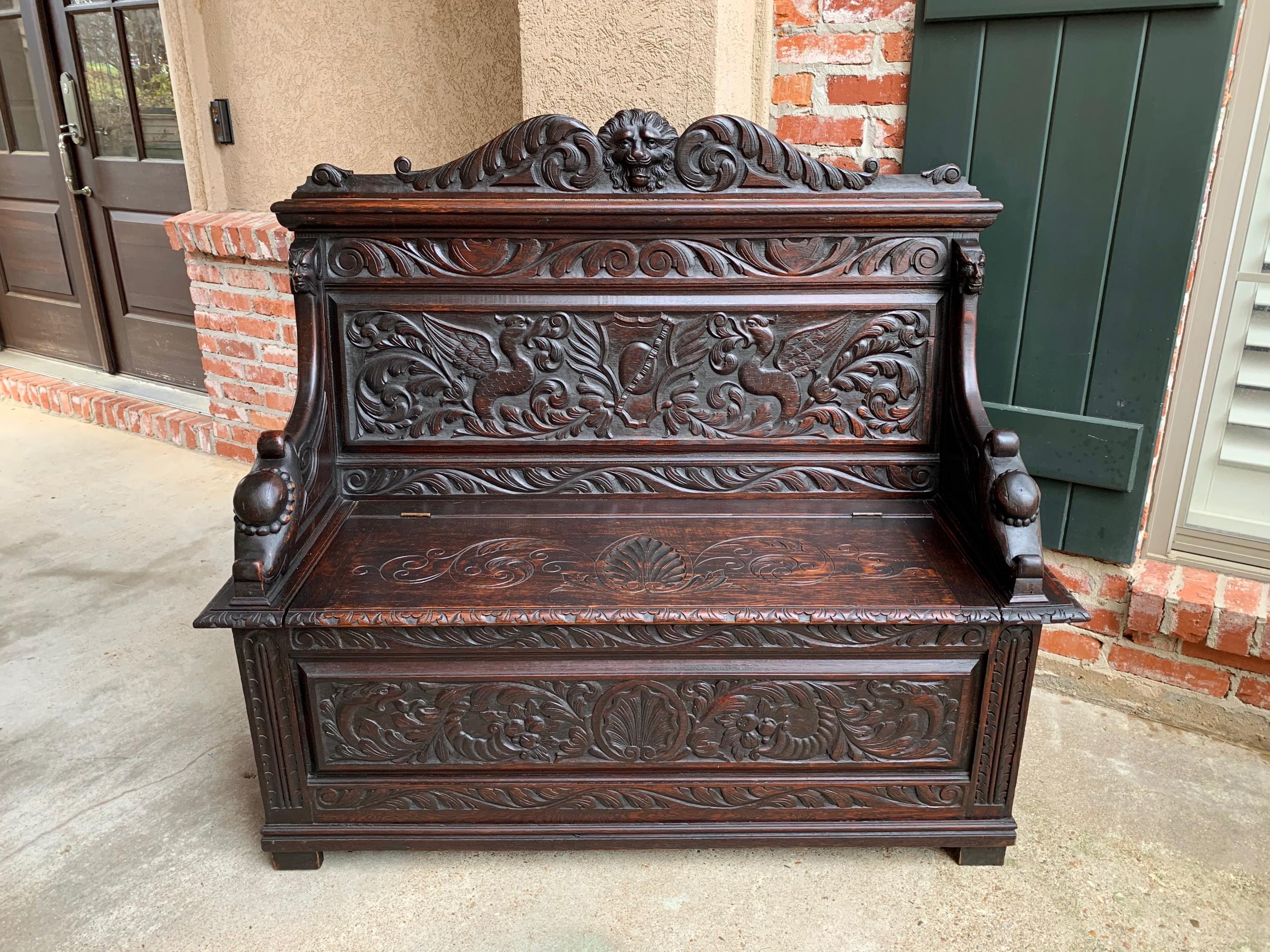 19th Century Antique French Carved Oak Hall Bench Trunk Chest Renaissance Lion 9