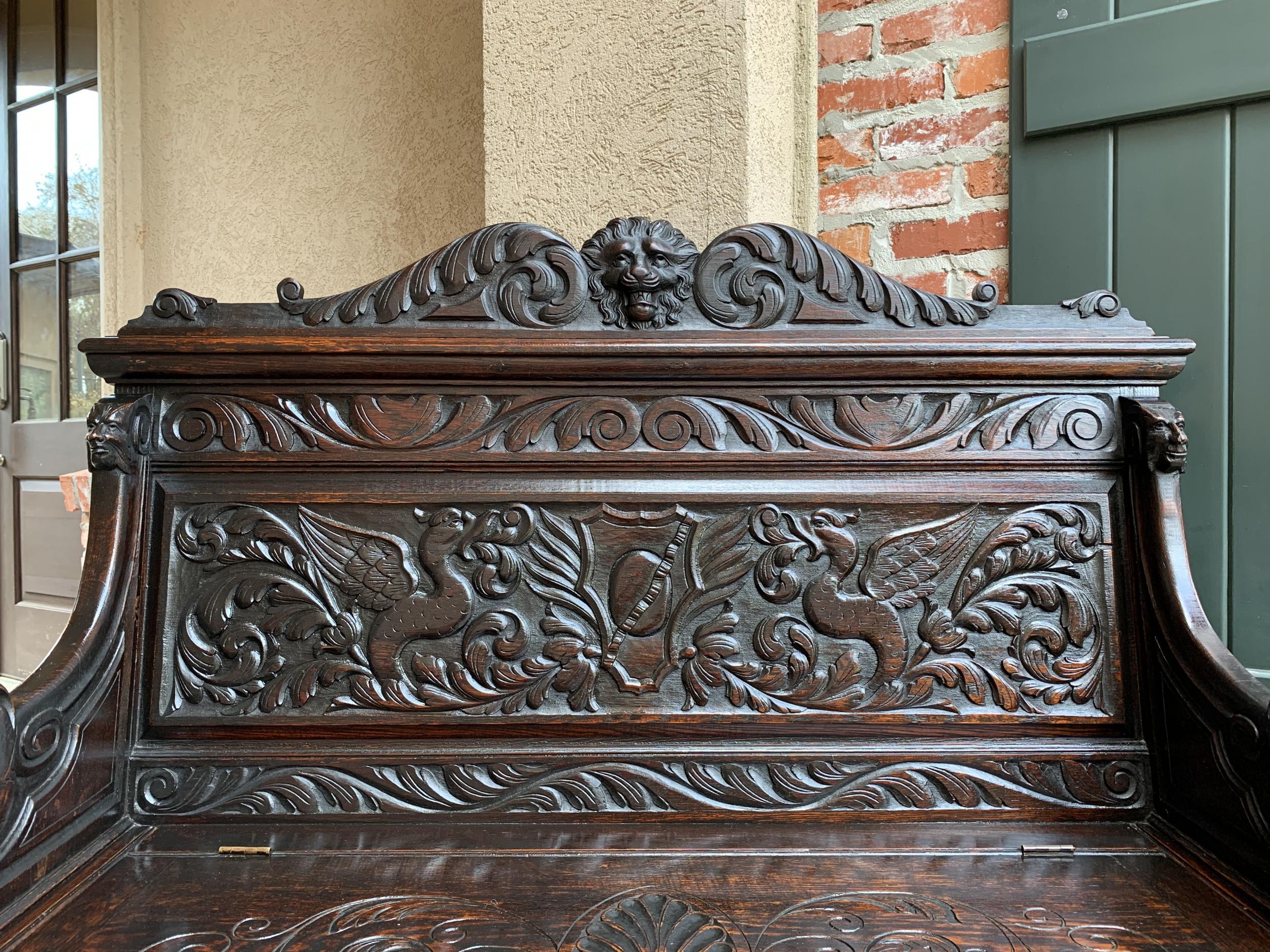 19th Century Antique French Carved Oak Hall Bench Trunk Chest Renaissance Lion 10