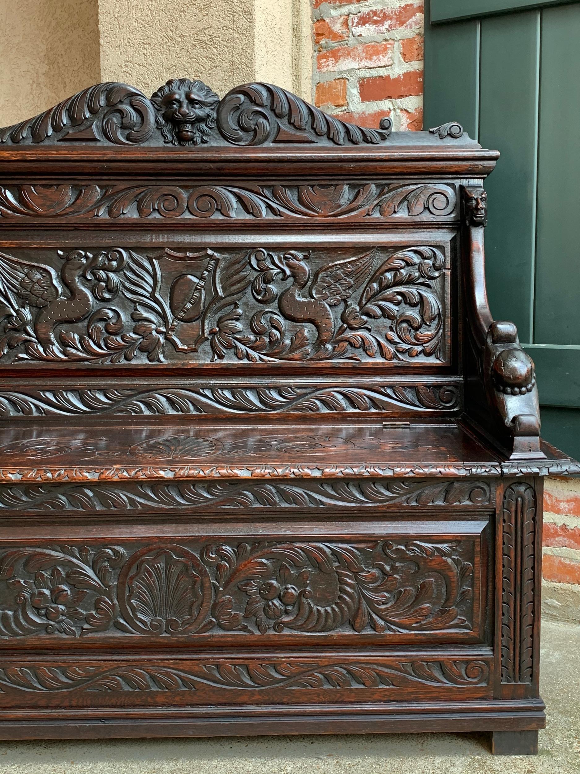 19th Century Antique French Carved Oak Hall Bench Trunk Chest Renaissance Lion 12