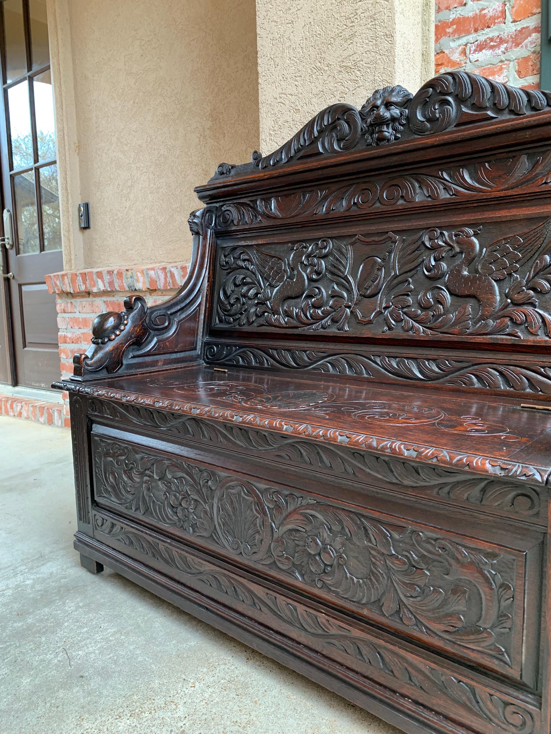 19th Century Antique French Carved Oak Hall Bench Trunk Chest Renaissance Lion 13