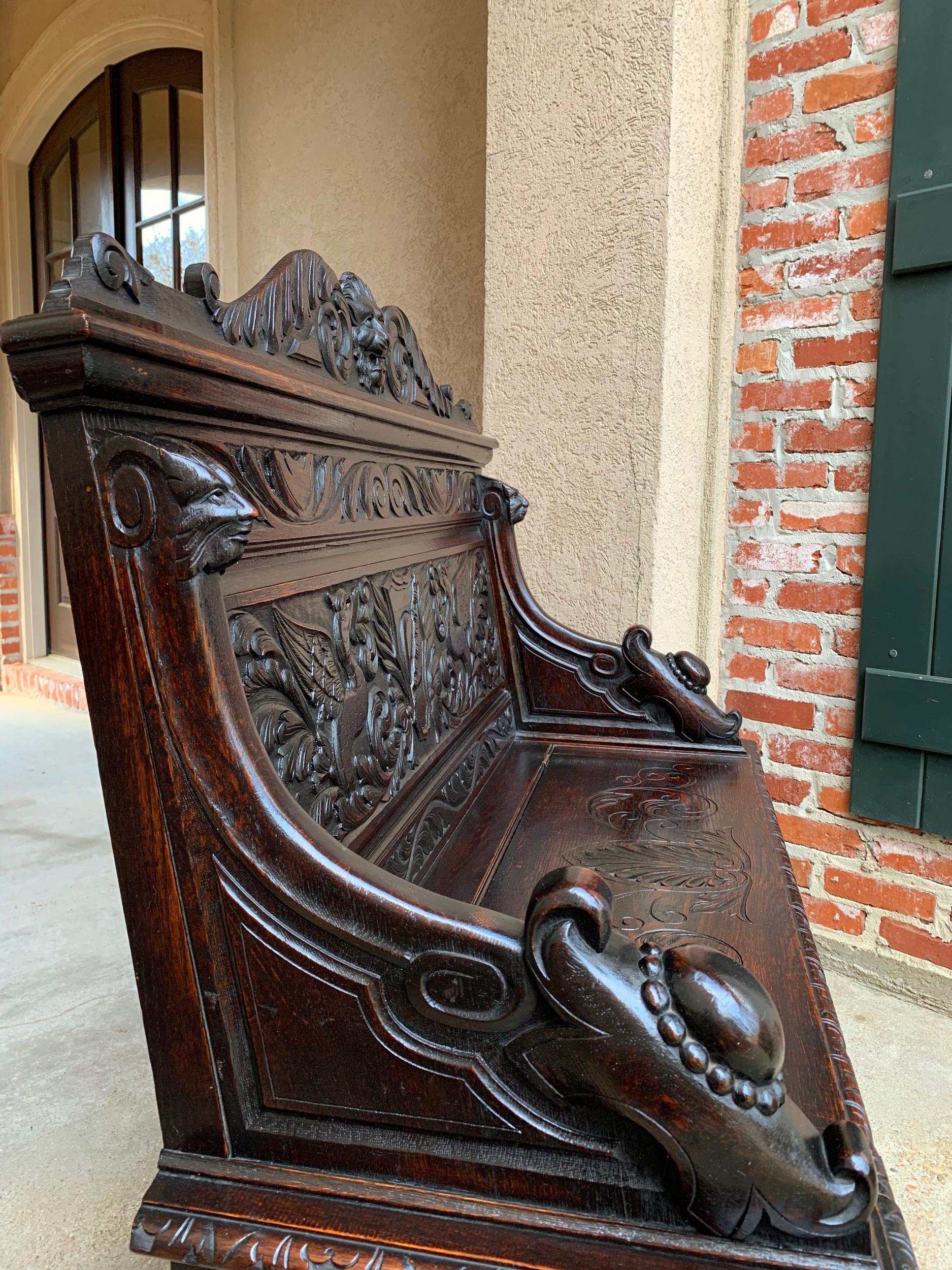 19th Century Antique French Carved Oak Hall Bench Trunk Chest Renaissance Lion 14