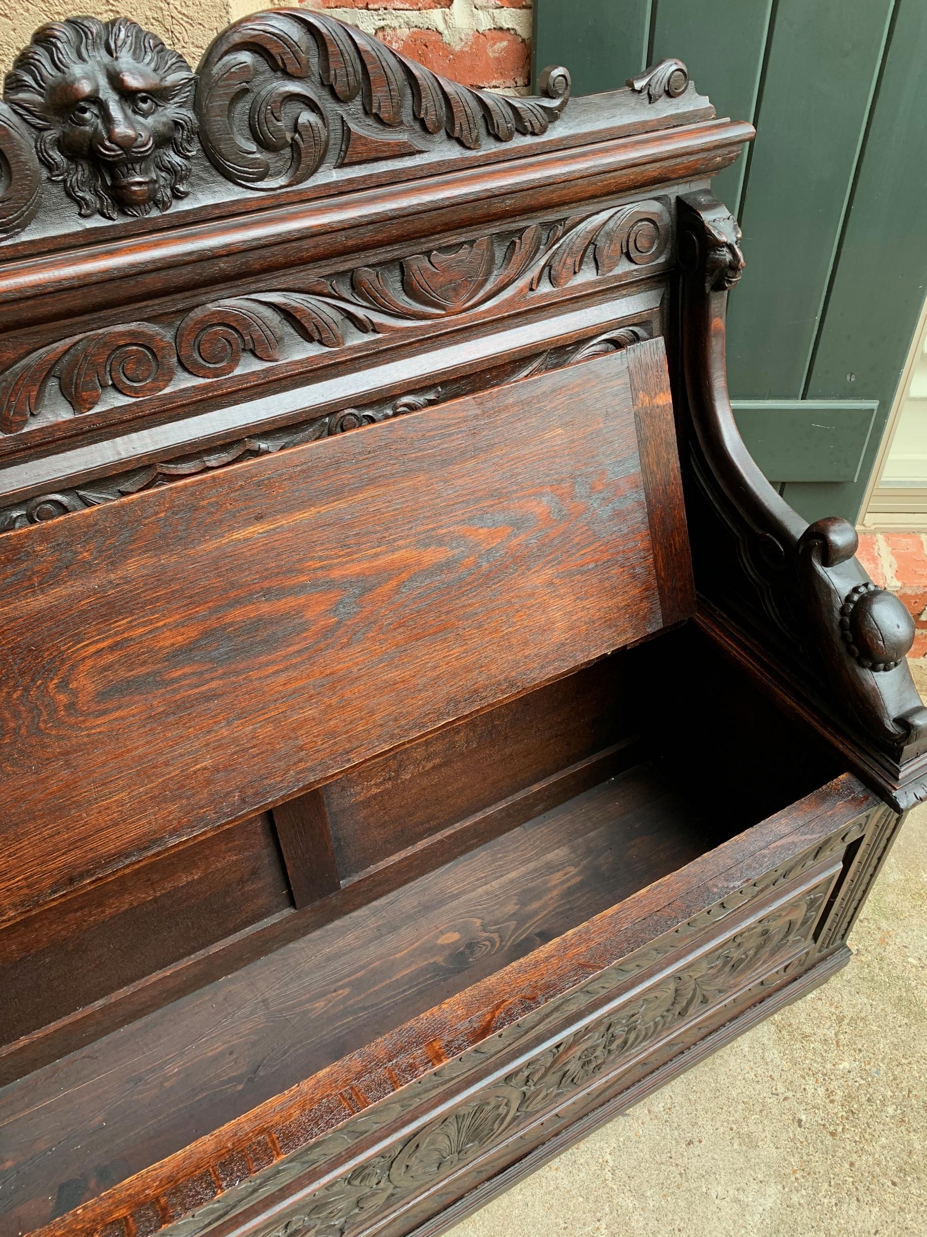 19th Century Antique French Carved Oak Hall Bench Trunk Chest Renaissance Lion 16
