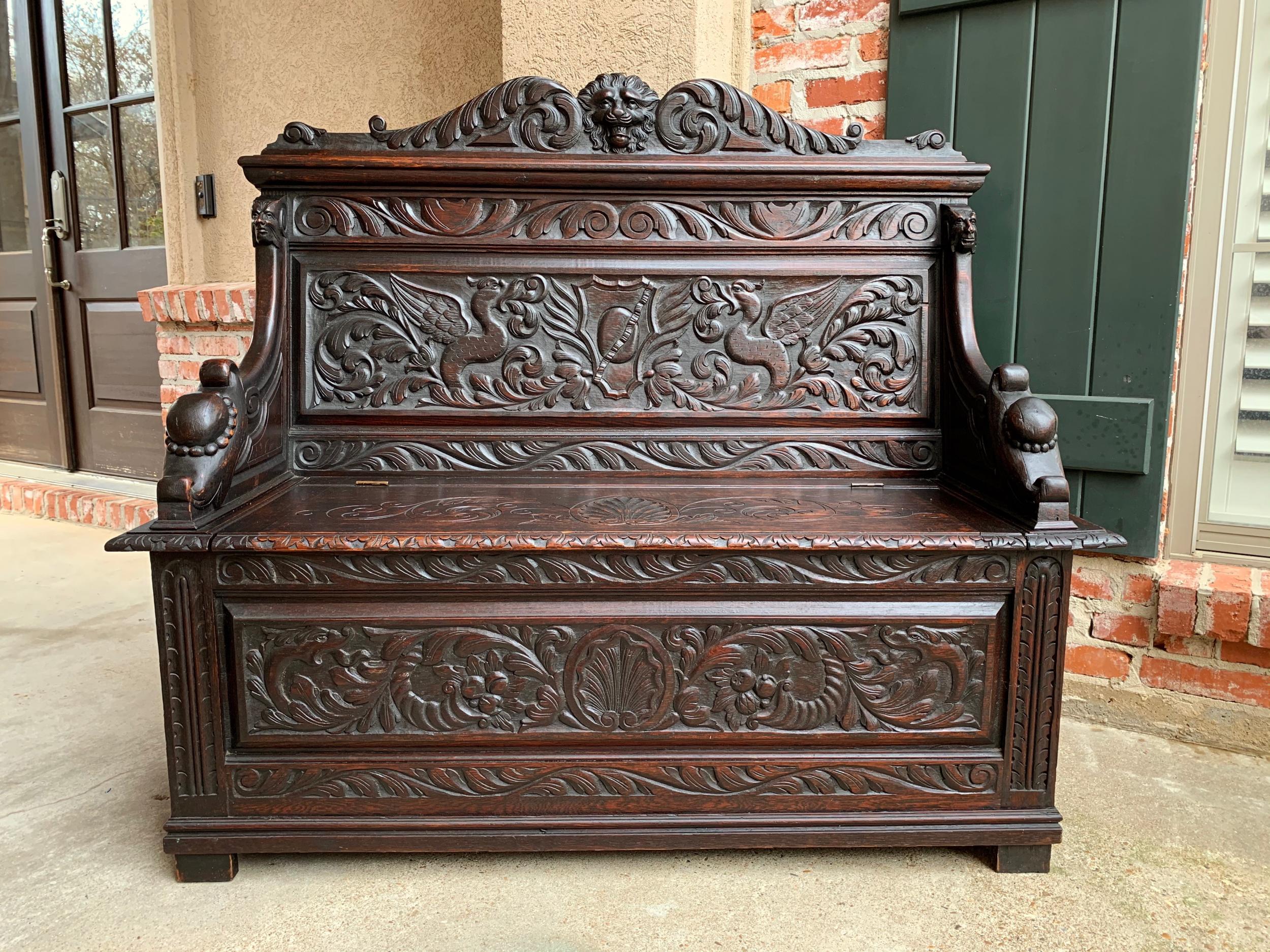 Hand-Carved 19th Century Antique French Carved Oak Hall Bench Trunk Chest Renaissance Lion